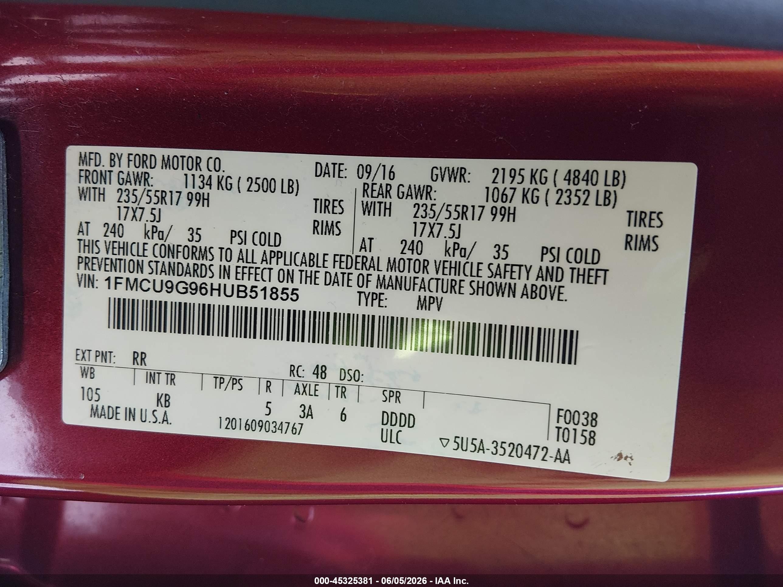 2017 Ford Escape Se Burgundy vin: 1FMCU9G96HUB51855