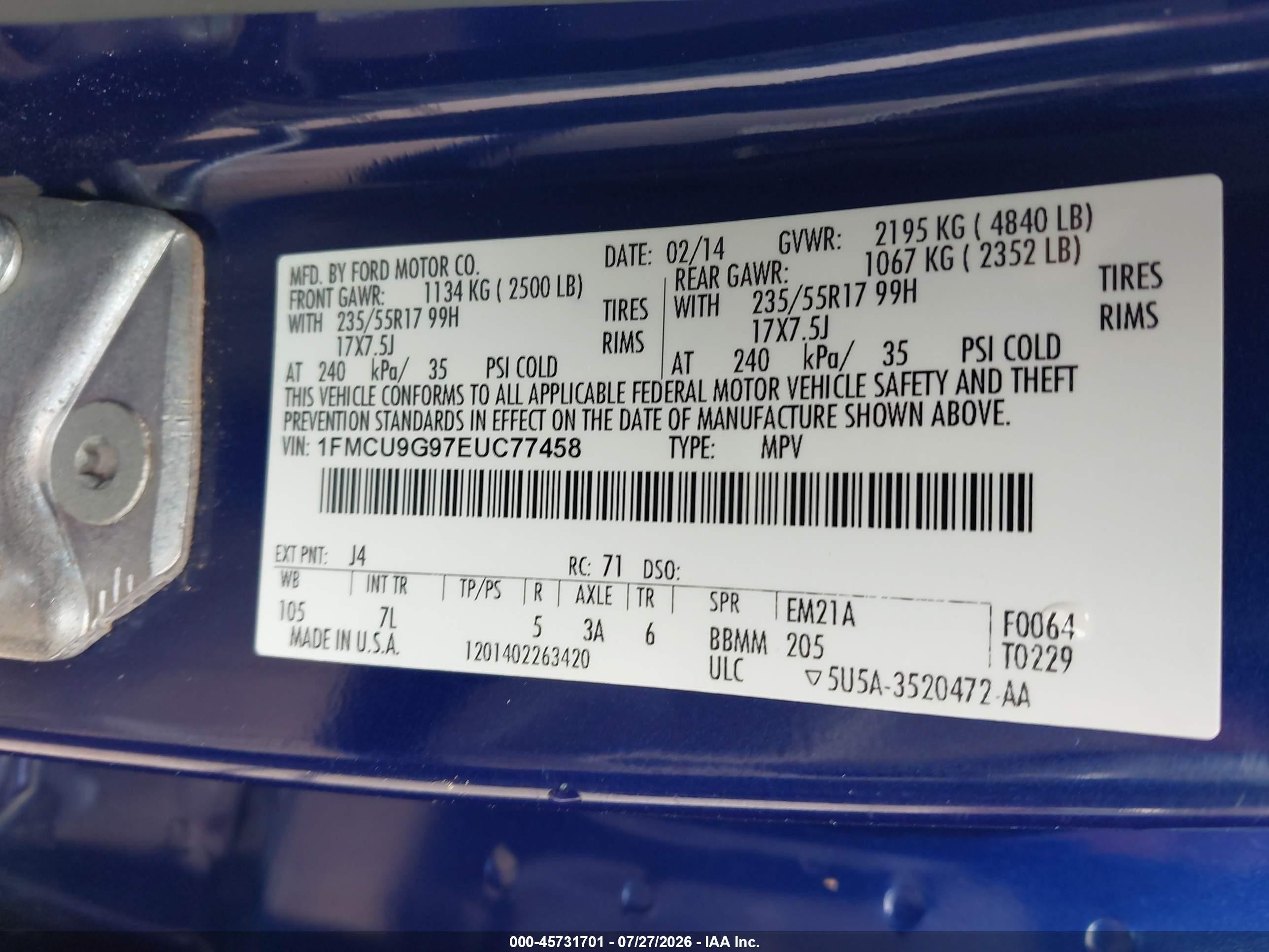 2014 Ford Escape Se Blue vin: 1FMCU9G97EUC77458