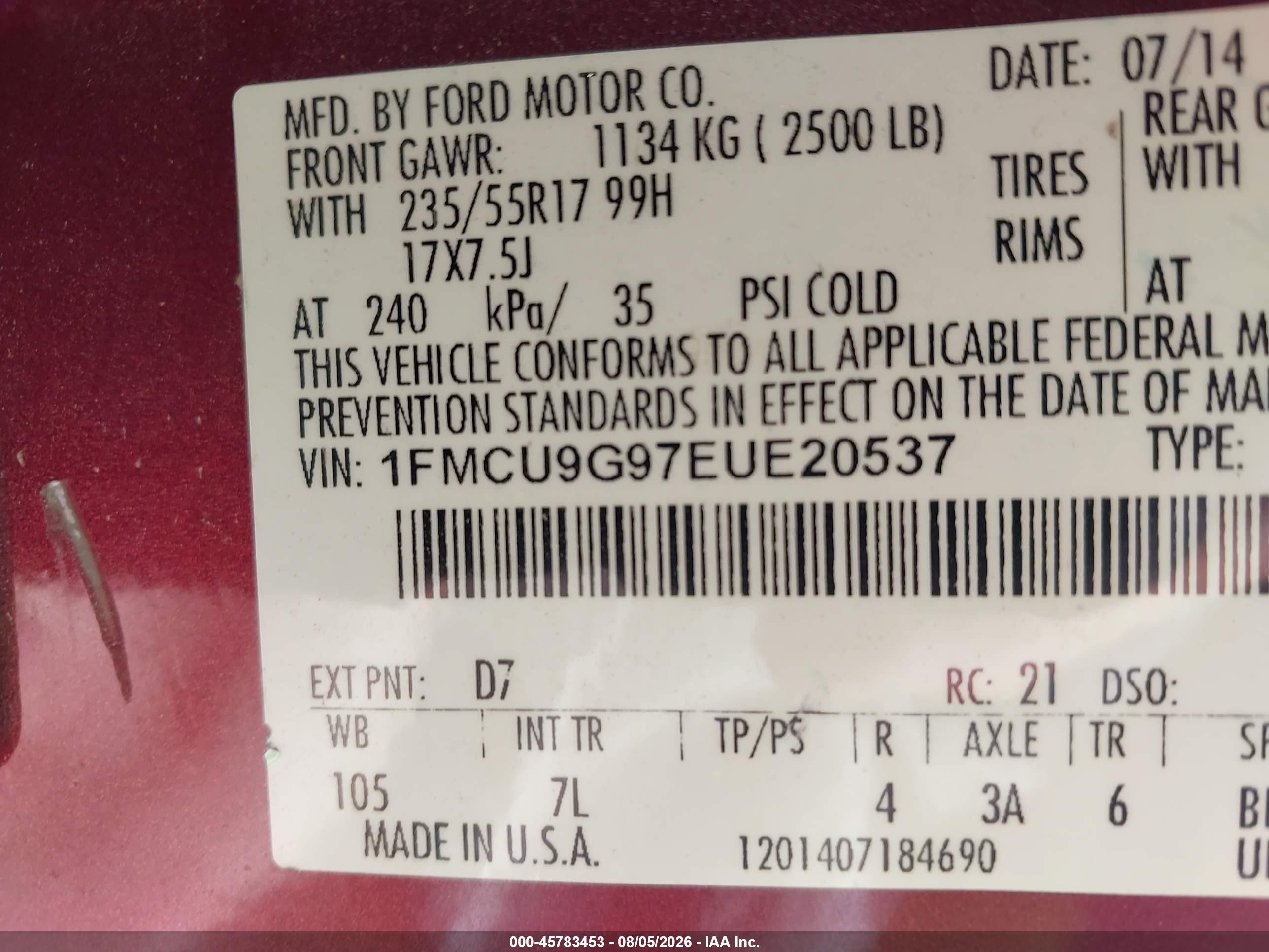 2014 Ford Escape Se Red vin: 1FMCU9G97EUE20537