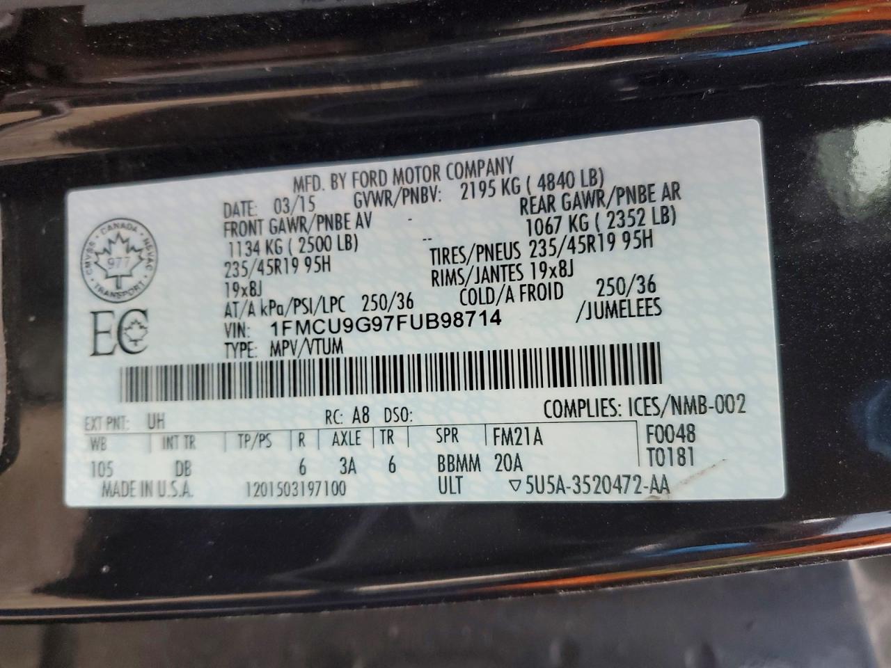 2015 Ford Escape Se Black vin: 1FMCU9G97FUB98714