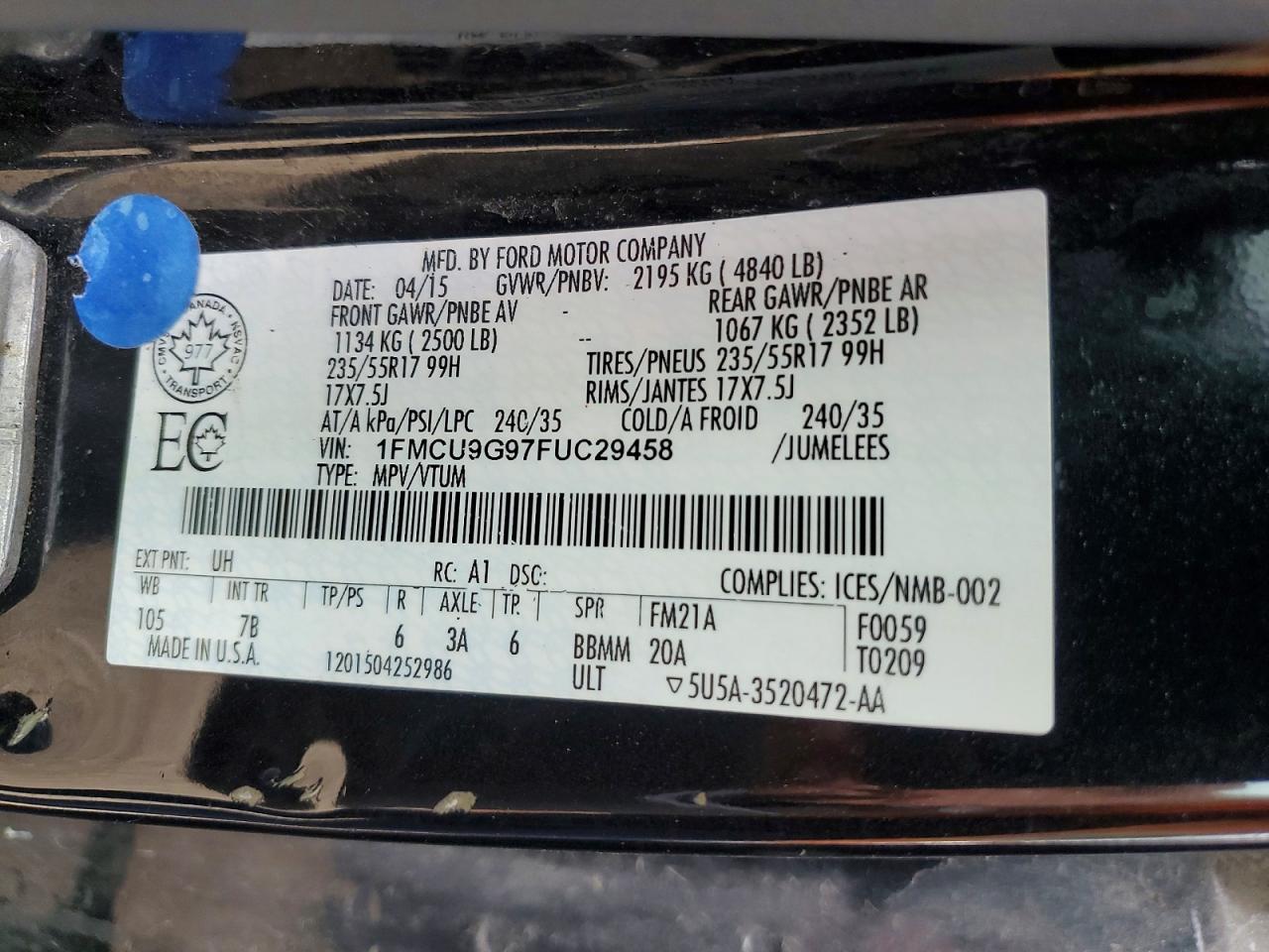 2015 Ford Escape Se Black vin: 1FMCU9G97FUC29458