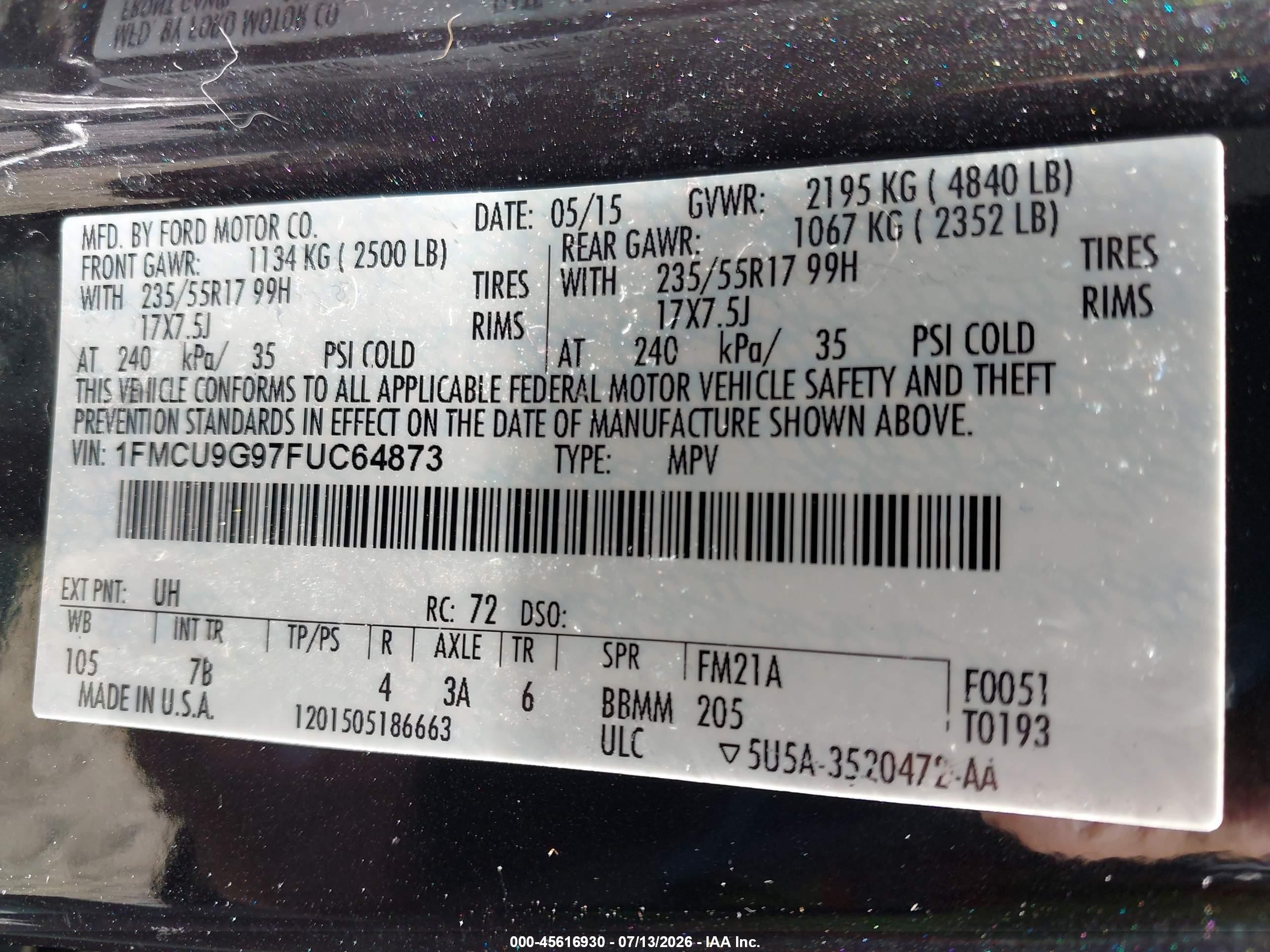 2015 Ford Escape Se Black vin: 1FMCU9G97FUC64873