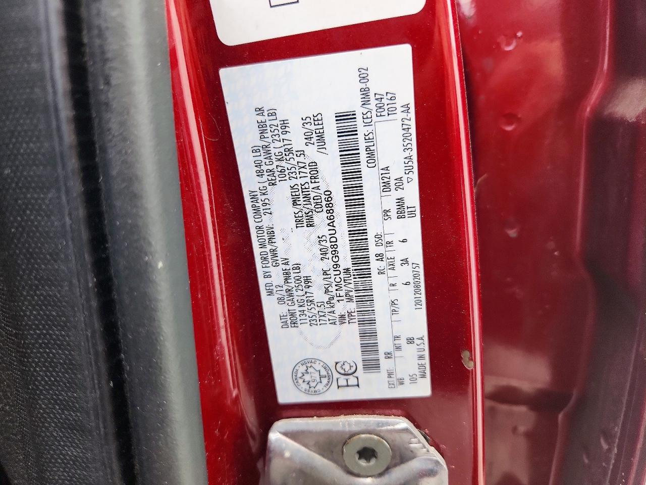 2013 Ford Escape Se Red vin: 1FMCU9G98DUA68860