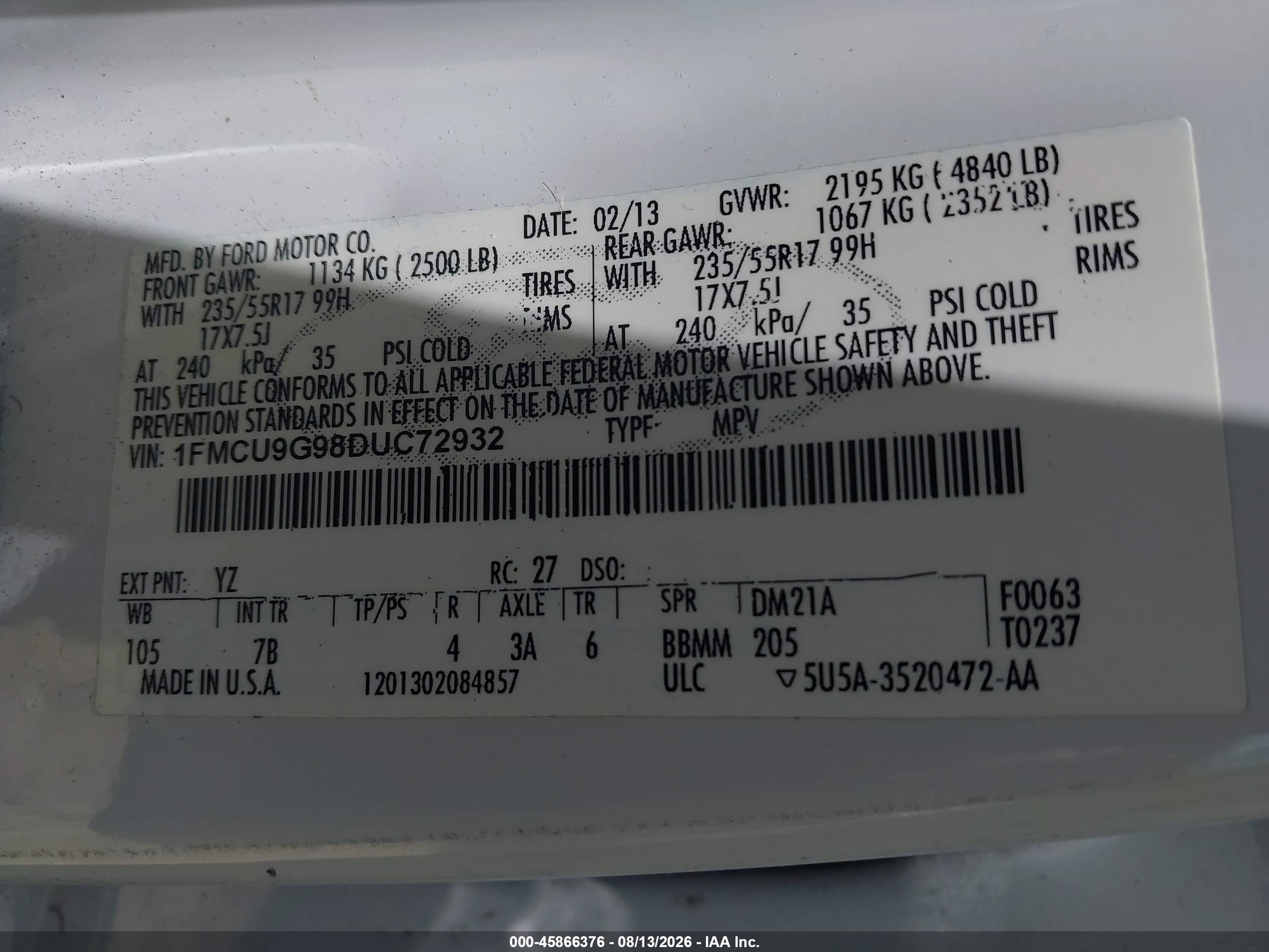 2013 Ford Escape Se White vin: 1FMCU9G98DUC72932