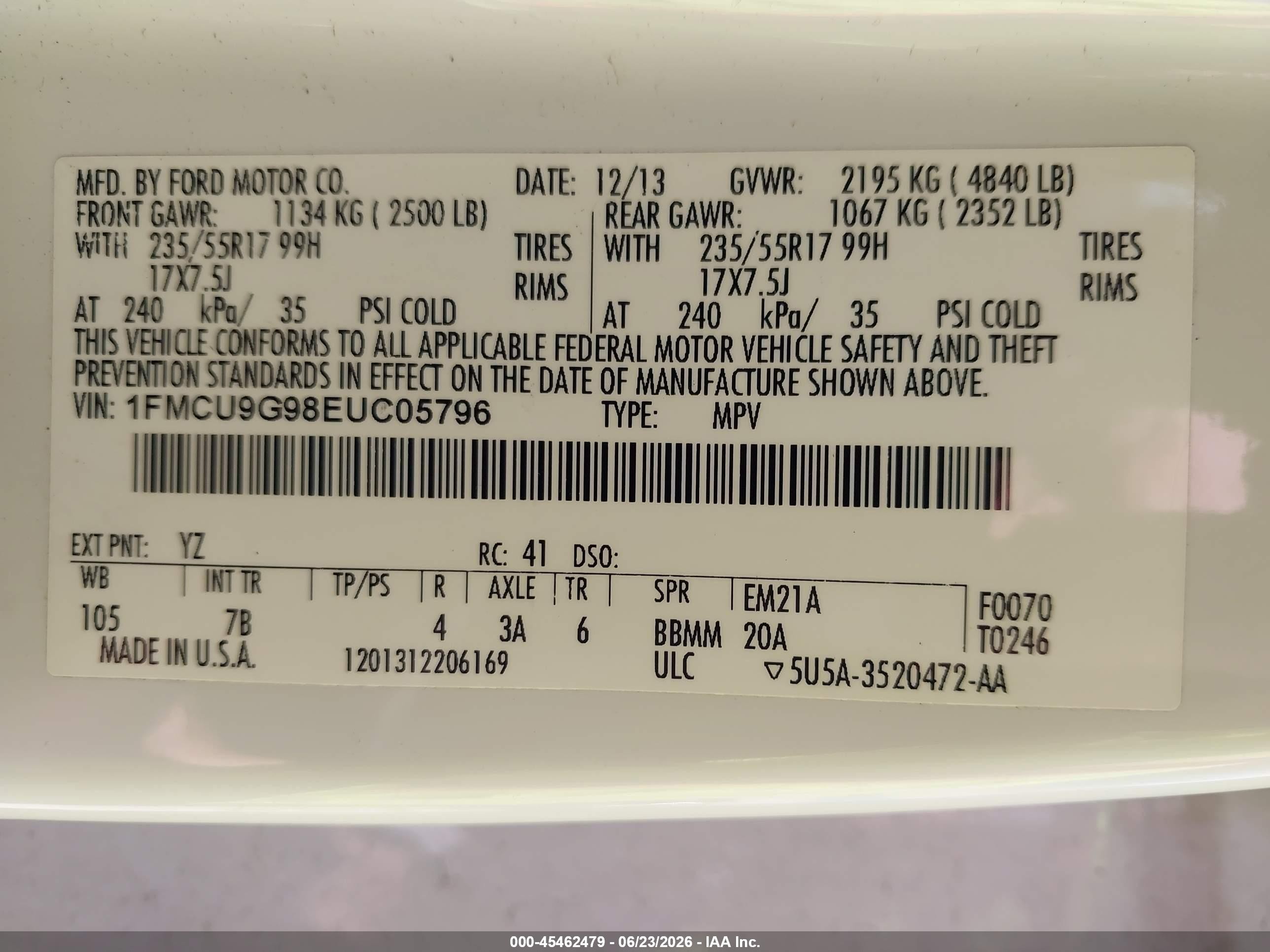 2014 Ford Escape Se White vin: 1FMCU9G98EUC05796