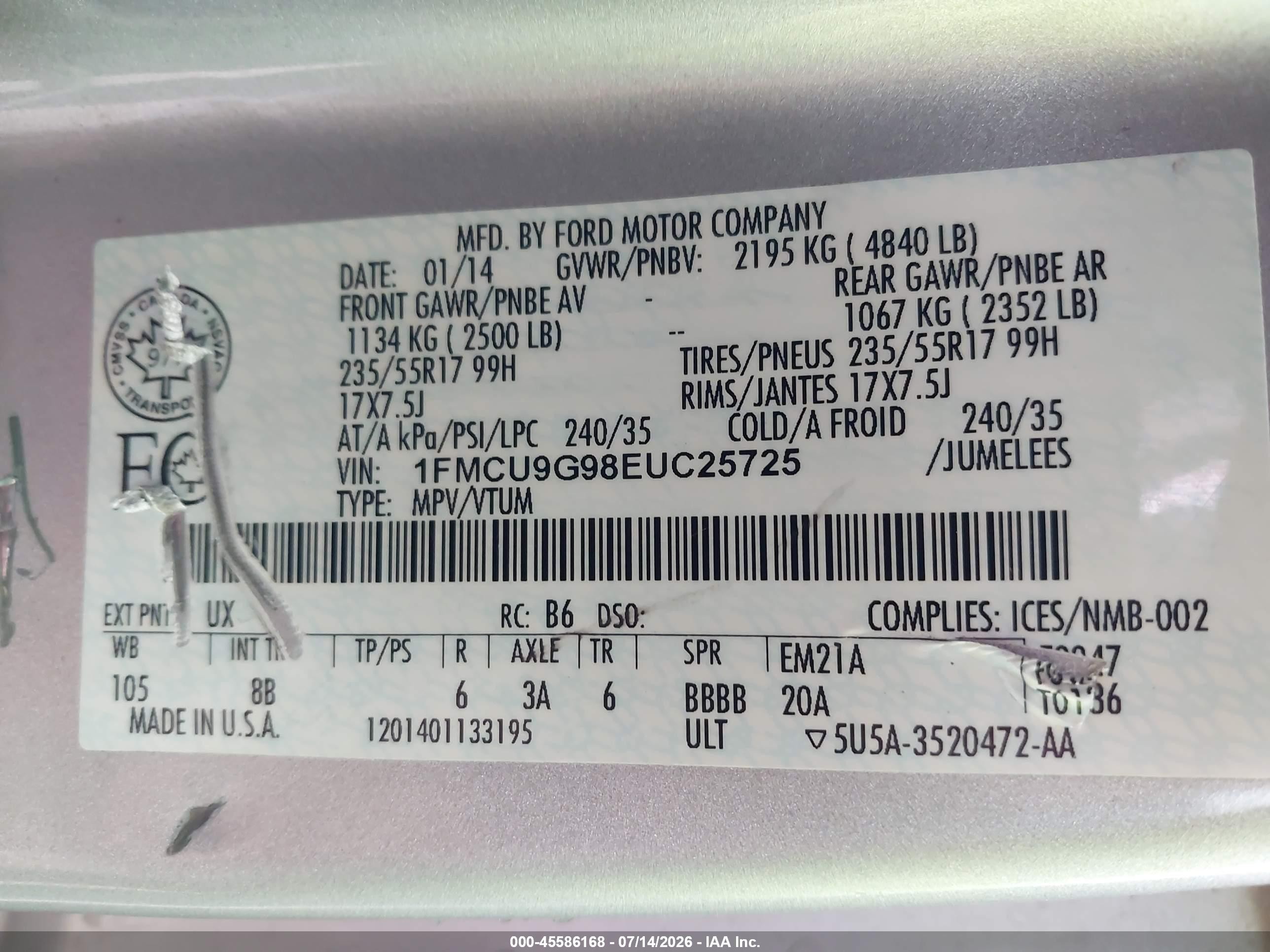 2014 Ford Escape Se Silver vin: 1FMCU9G98EUC25725