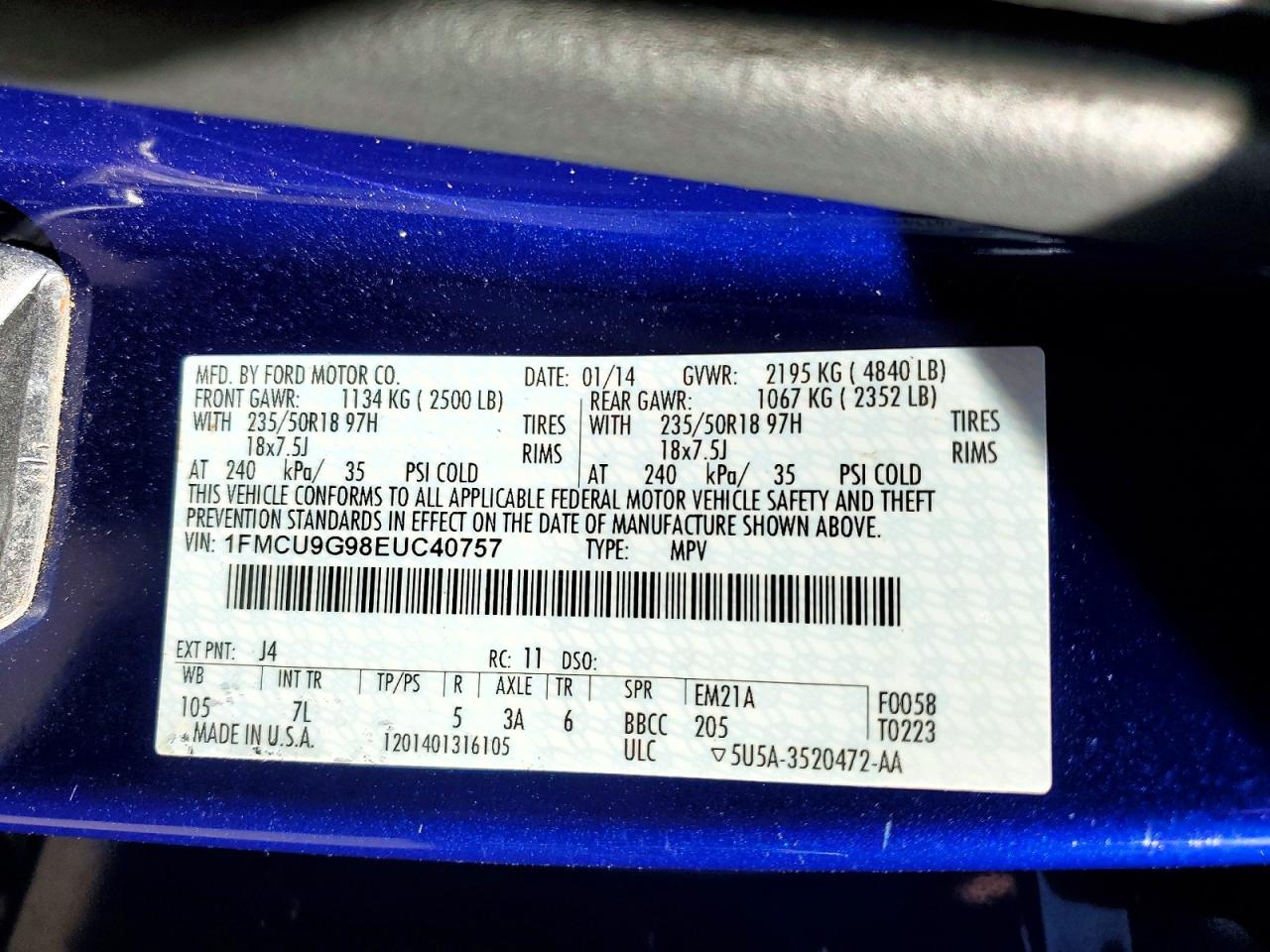 2014 Ford Escape Se Blue vin: 1FMCU9G98EUC40757