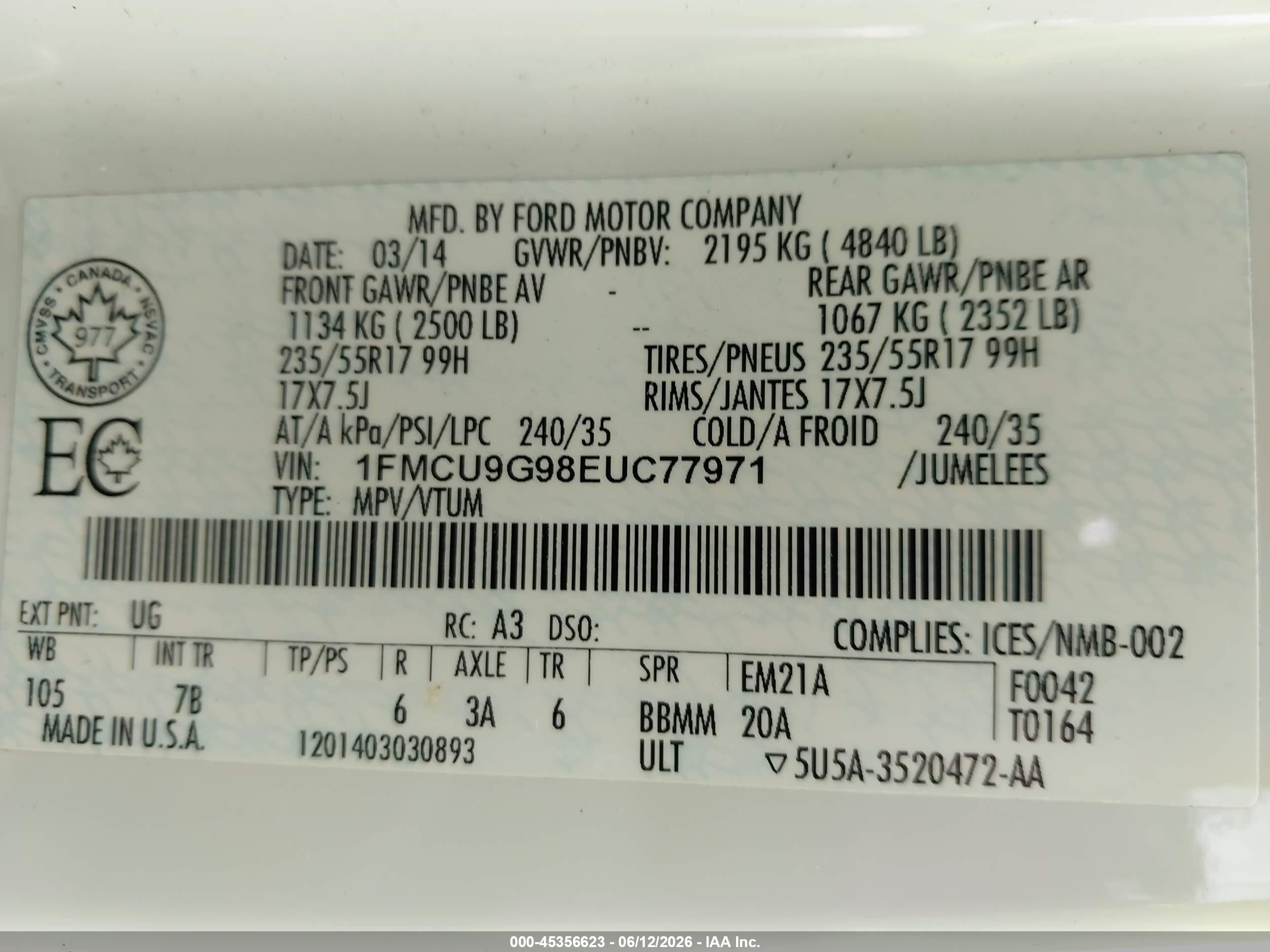 2014 Ford Escape Se White vin: 1FMCU9G98EUC77971