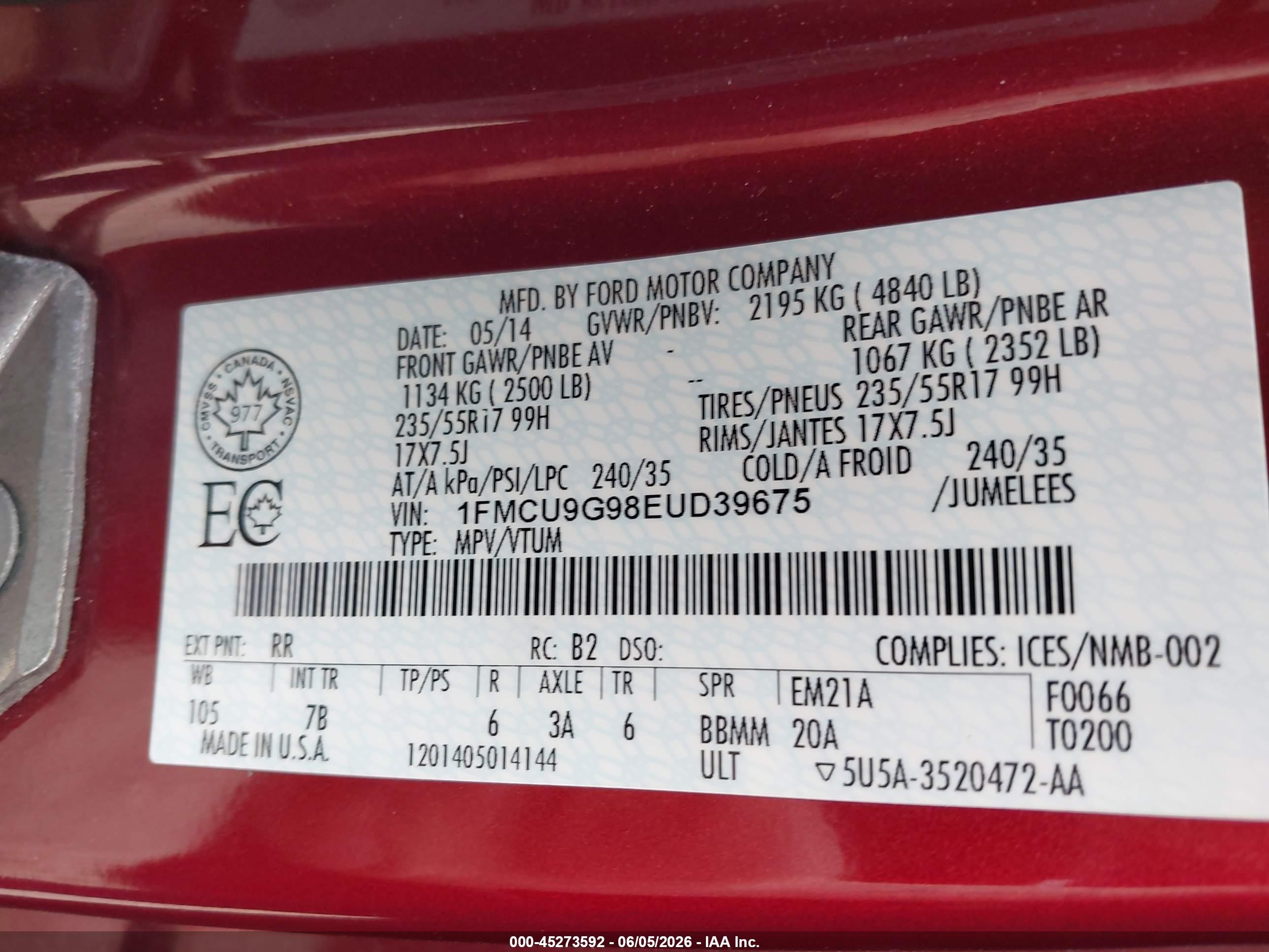 2014 Ford Escape Se Red vin: 1FMCU9G98EUD39675