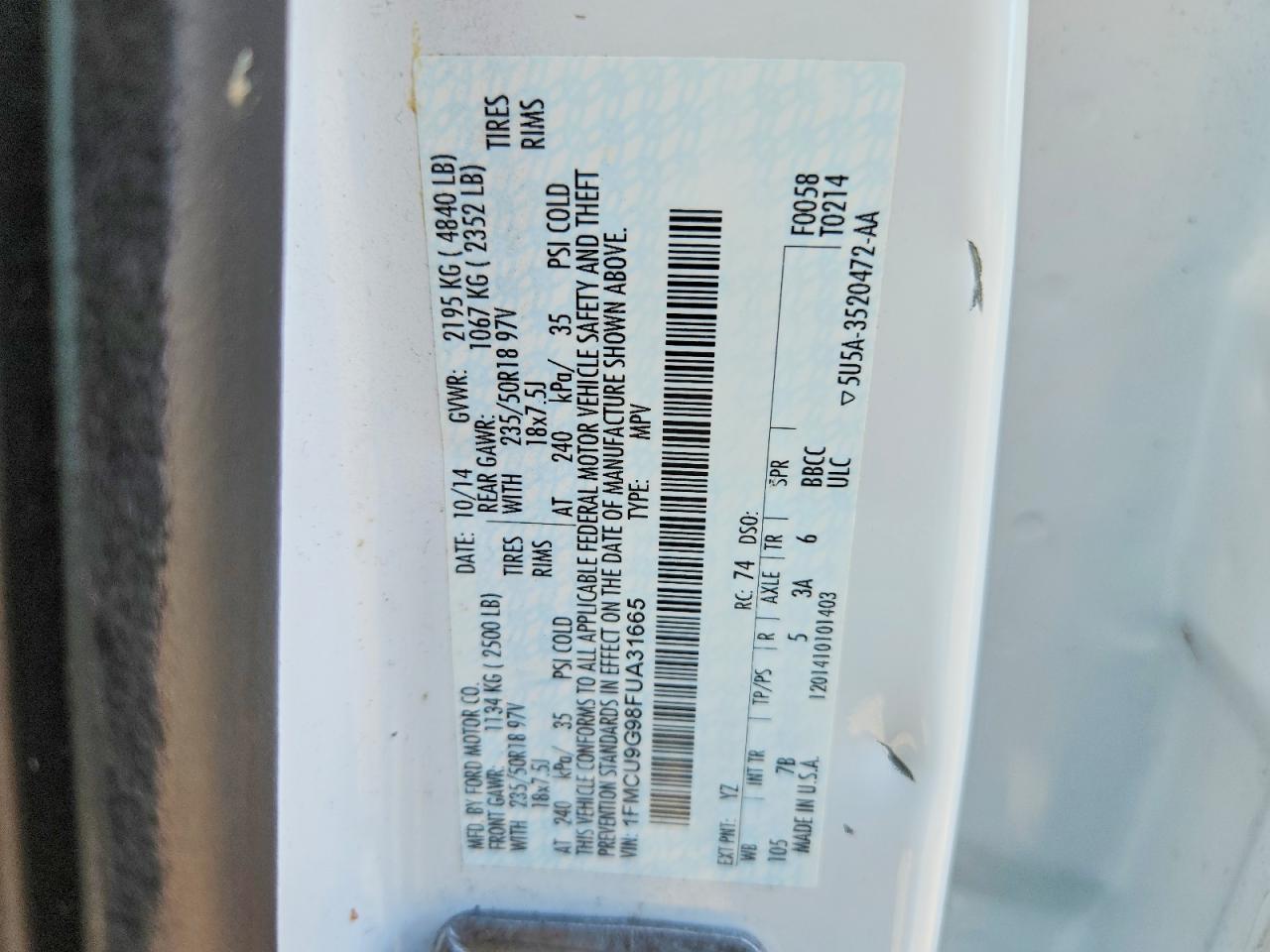 2015 Ford Escape Se White vin: 1FMCU9G98FUA31665