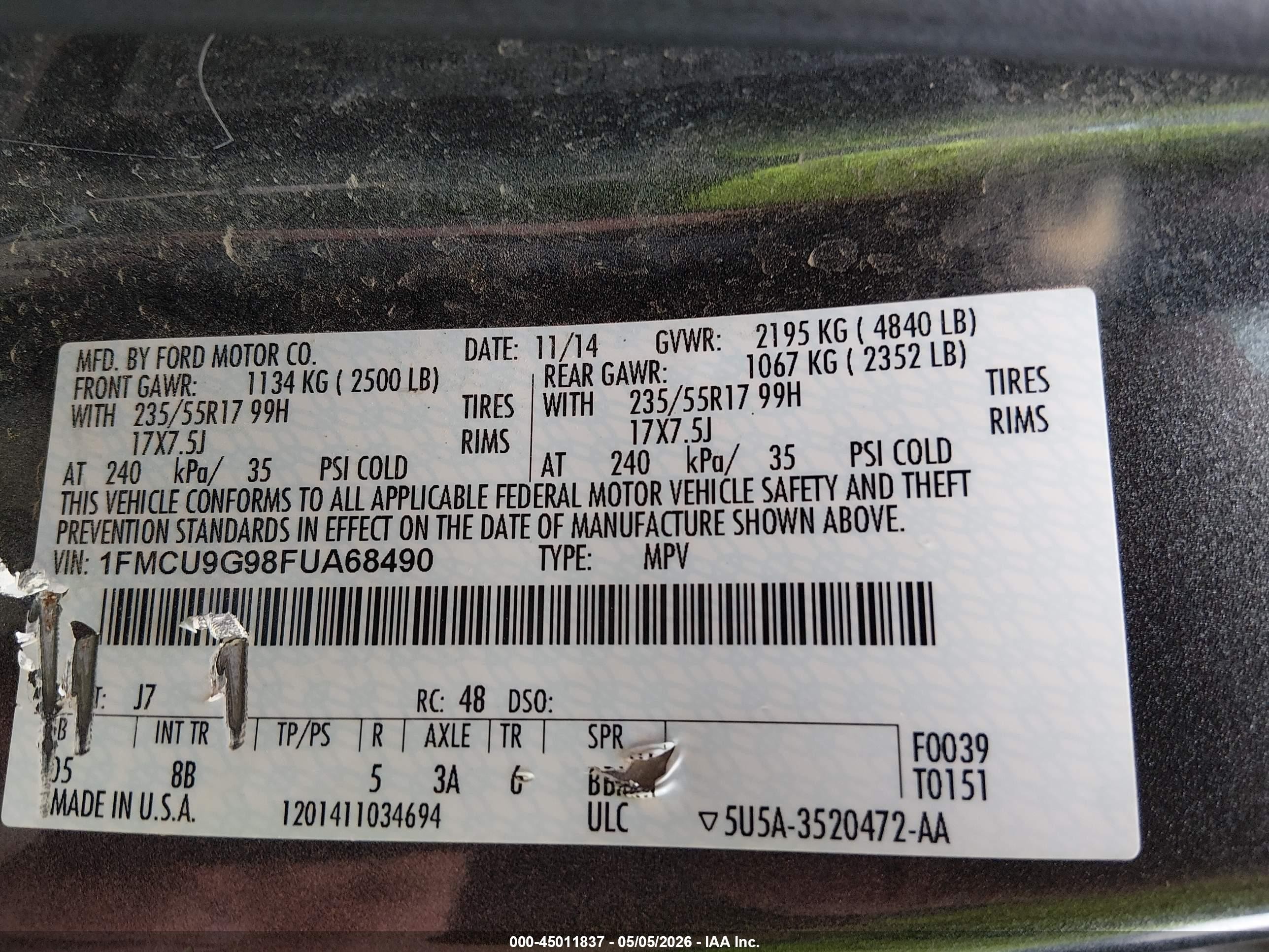 2015 Ford Escape Se Gray vin: 1FMCU9G98FUA68490