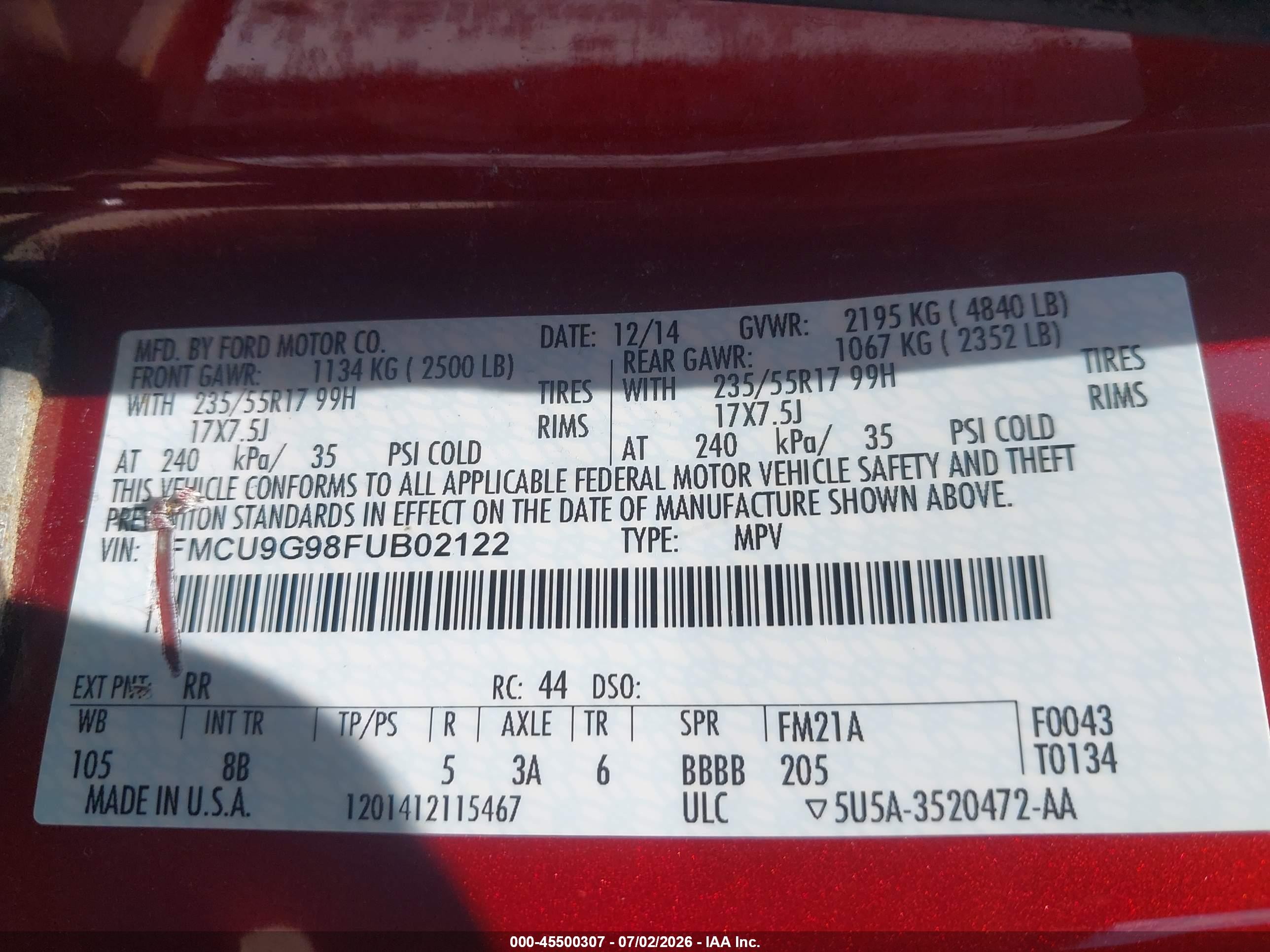 2015 Ford Escape Se Red vin: 1FMCU9G98FUB02122