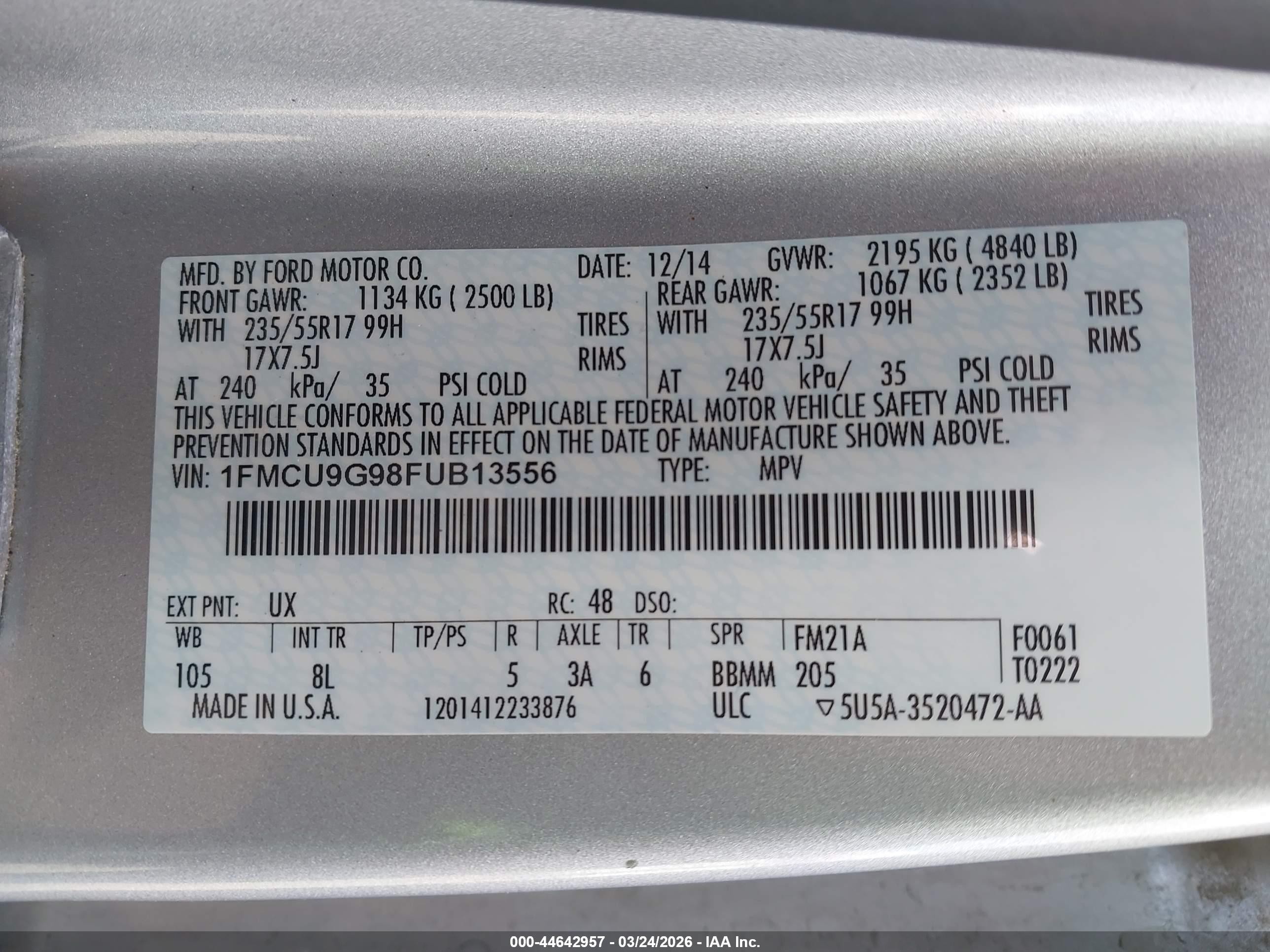 2015 Ford Escape Se Silver vin: 1FMCU9G98FUB13556