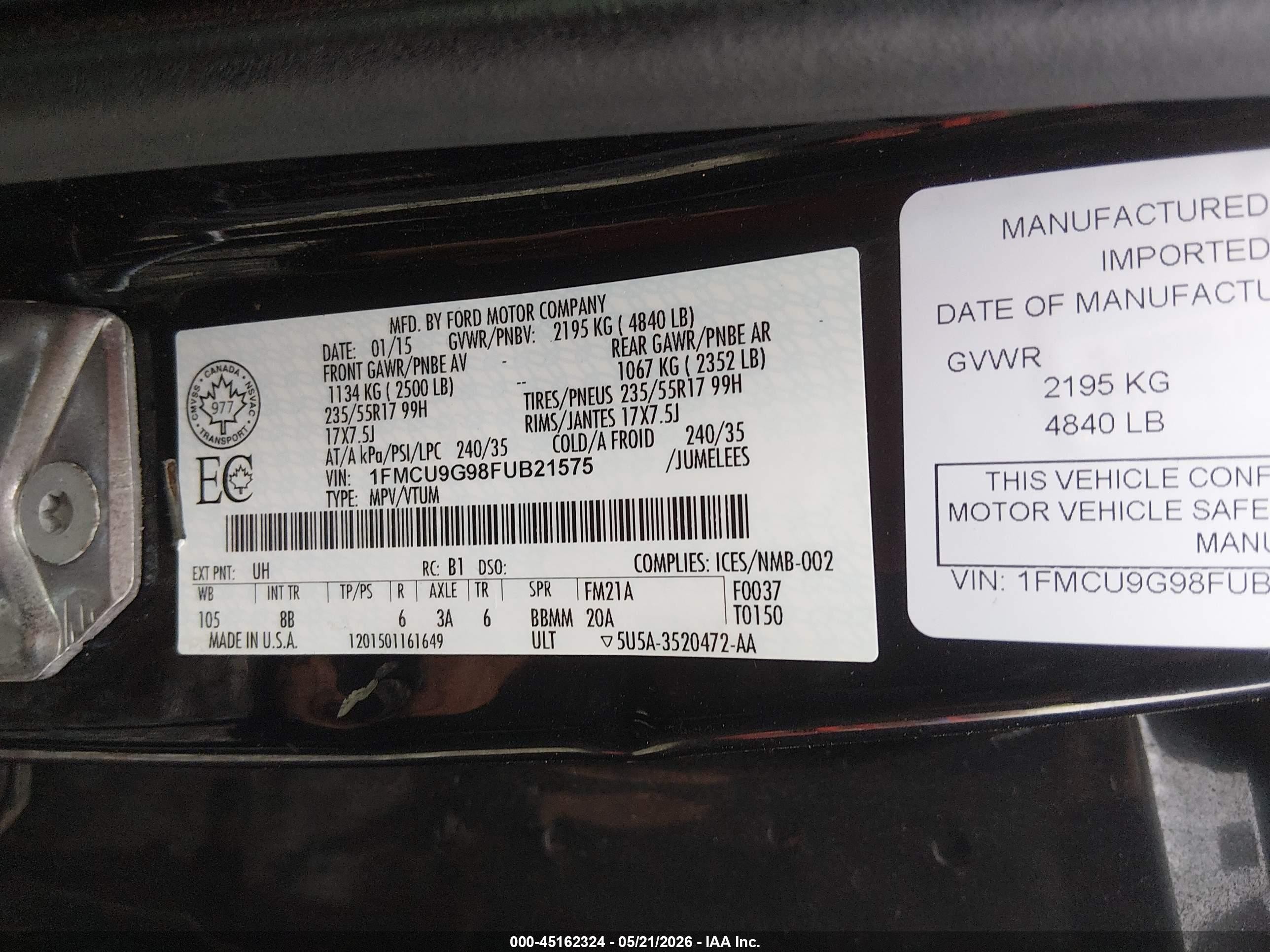 2015 Ford Escape Se Black vin: 1FMCU9G98FUB21575