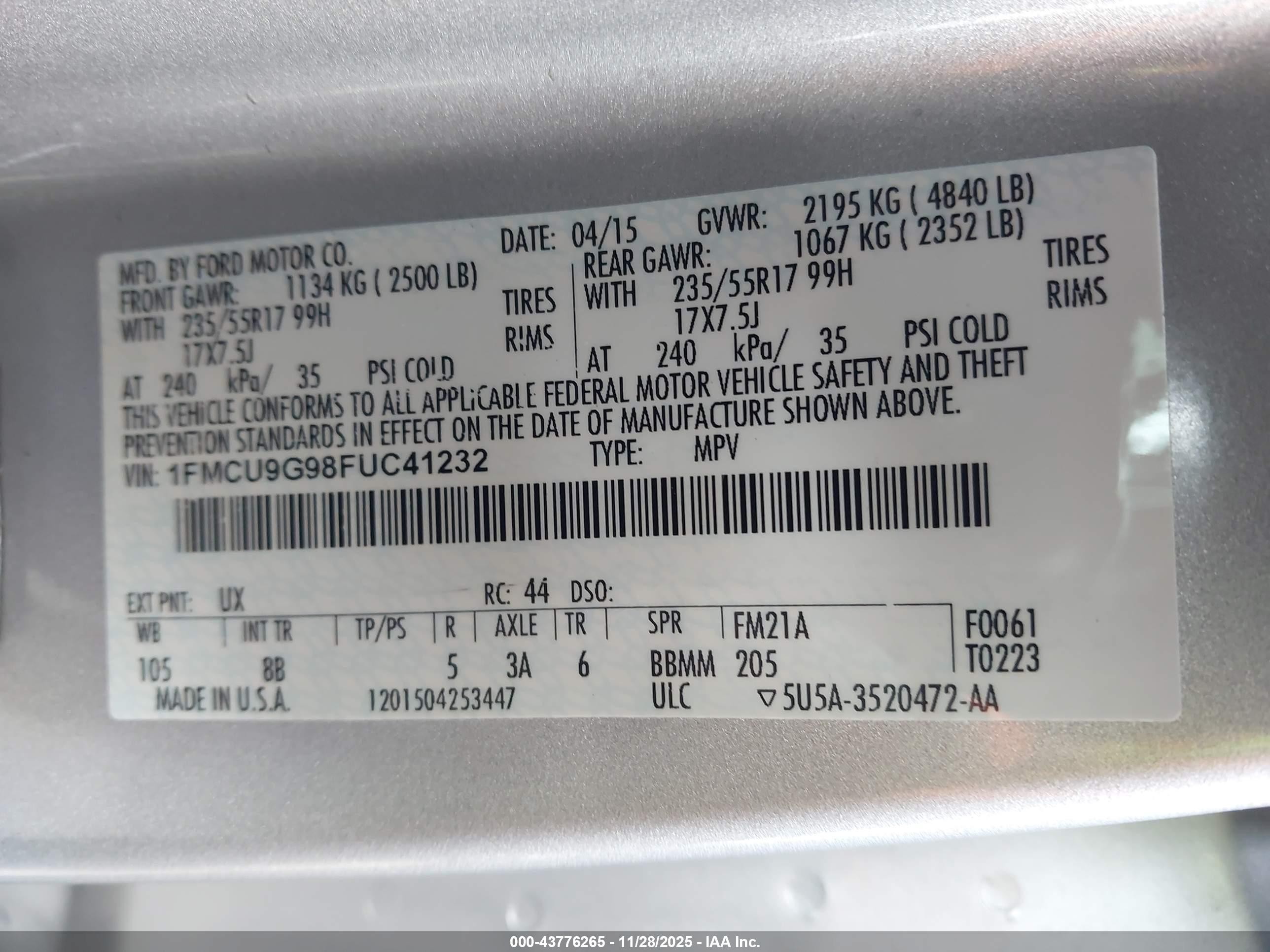2015 Ford Escape Se Серебряный vin: 1FMCU9G98FUC41232