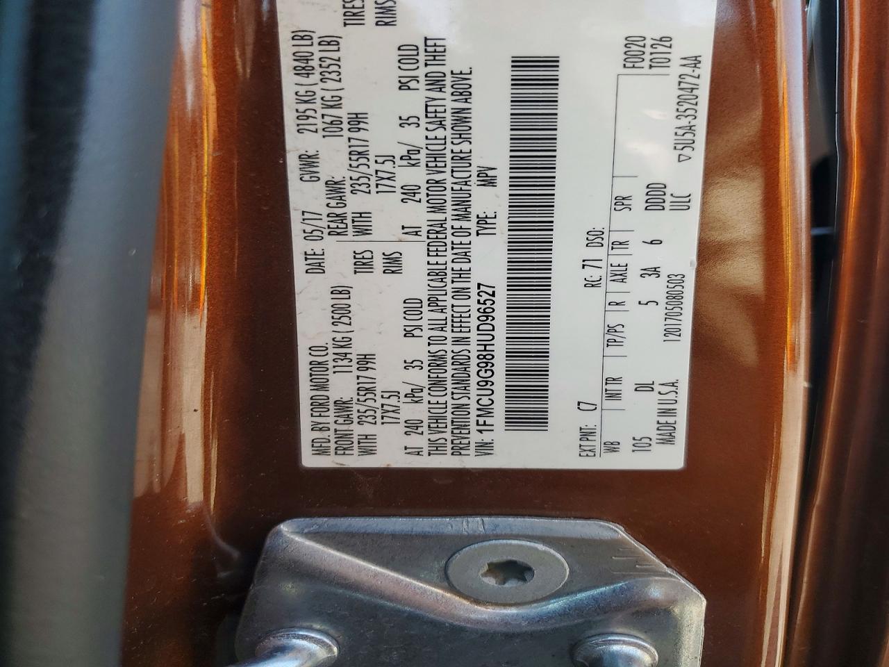 2017 Ford Escape Se Orange vin: 1FMCU9G98HUD96527
