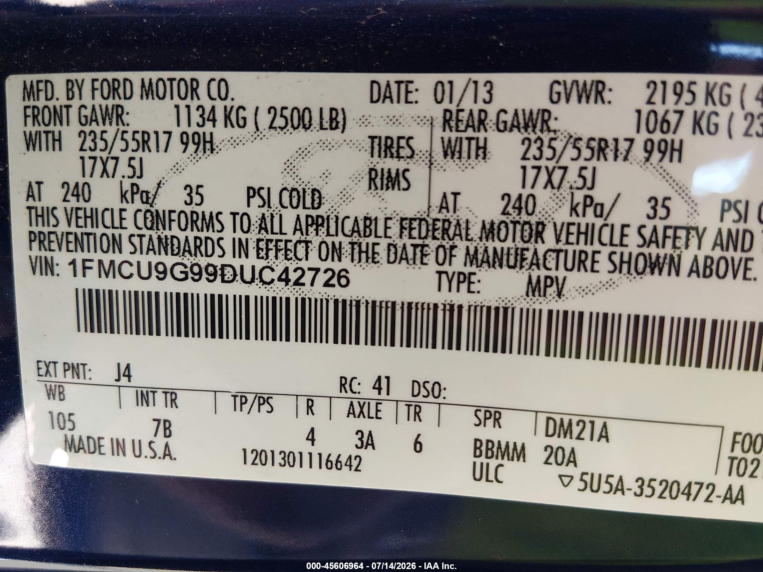 2013 Ford Escape Se Blue vin: 1FMCU9G99DUC42726