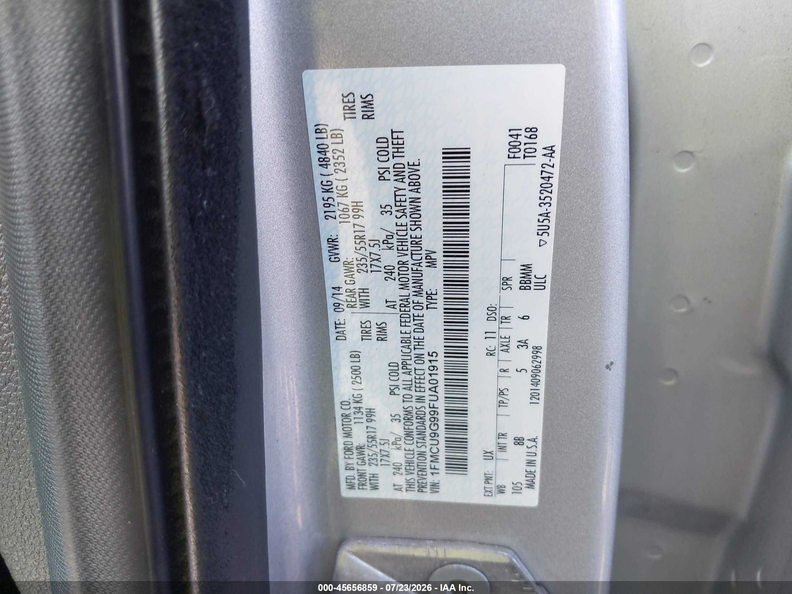 2015 Ford Escape Se Silver vin: 1FMCU9G99FUA01915
