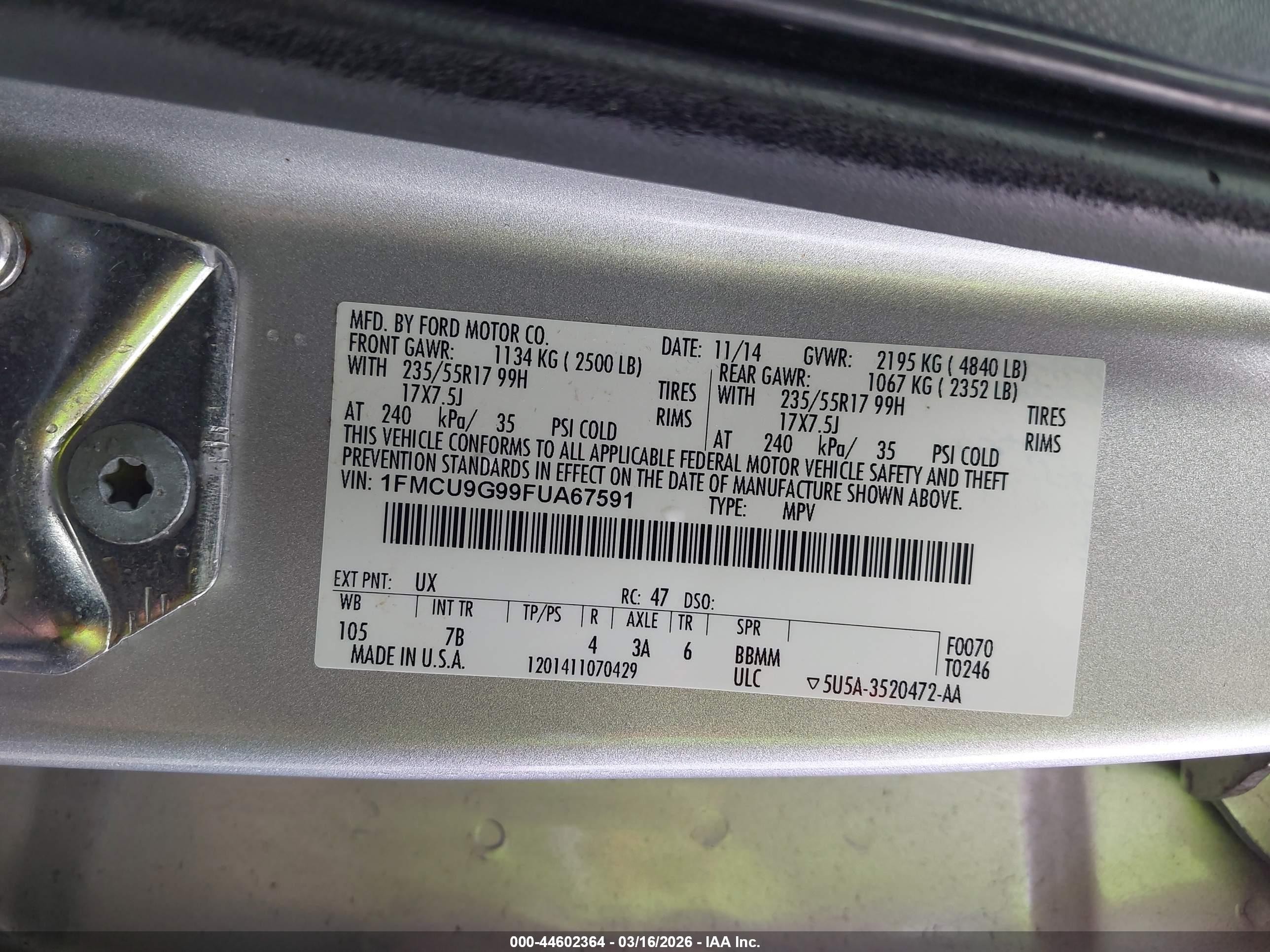 2015 Ford Escape Se Gray vin: 1FMCU9G99FUA67591