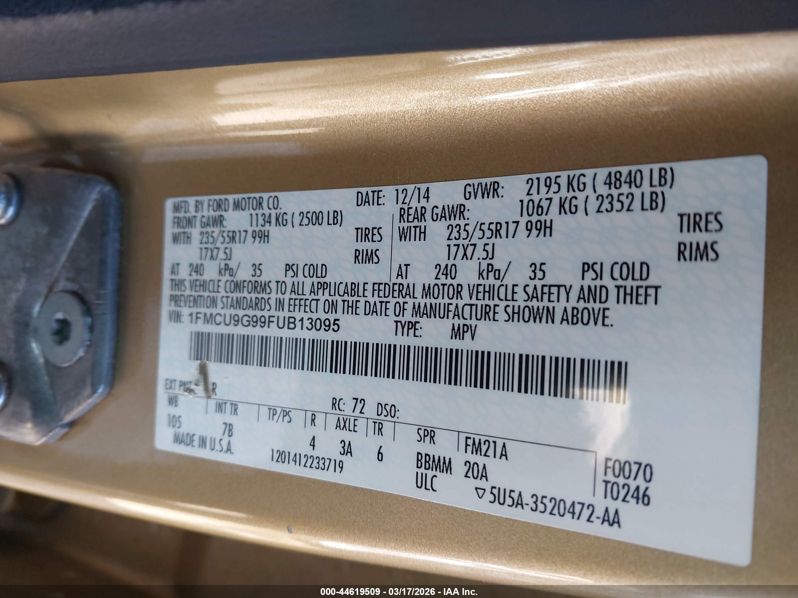2015 Ford Escape Se Gold vin: 1FMCU9G99FUB13095
