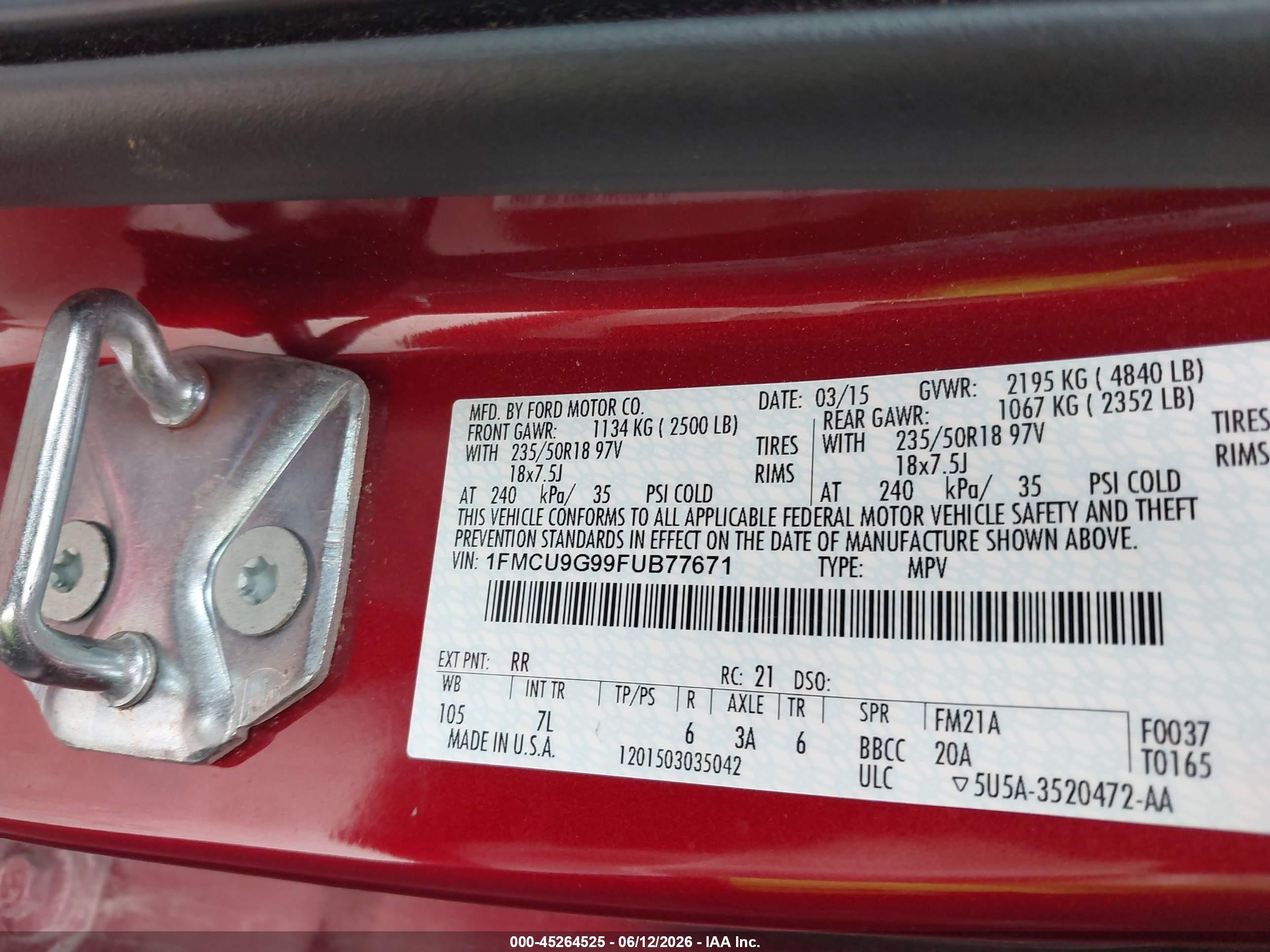2015 Ford Escape Se Бордовый vin: 1FMCU9G99FUB77671