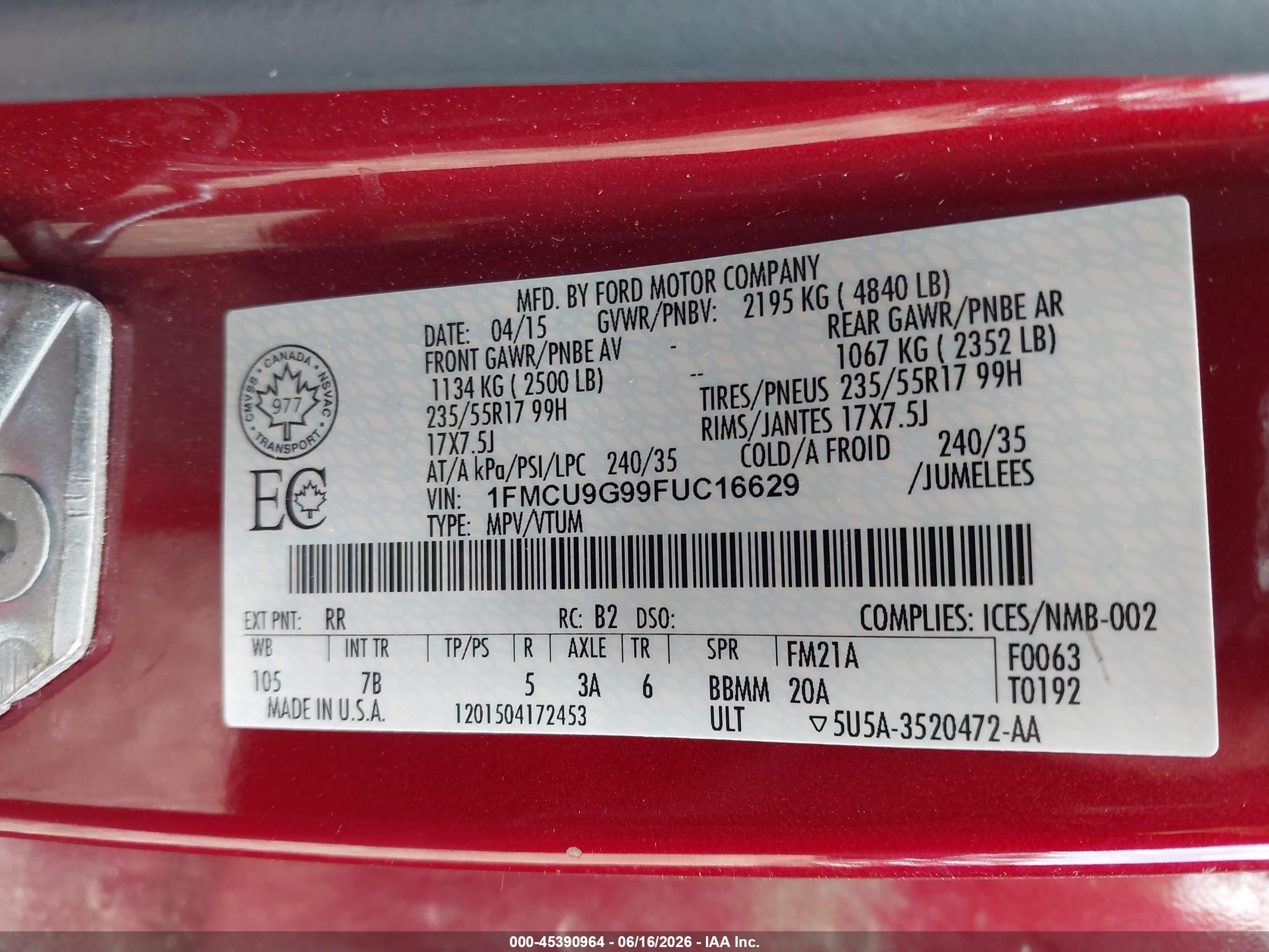 2015 Ford Escape Se Red vin: 1FMCU9G99FUC16629