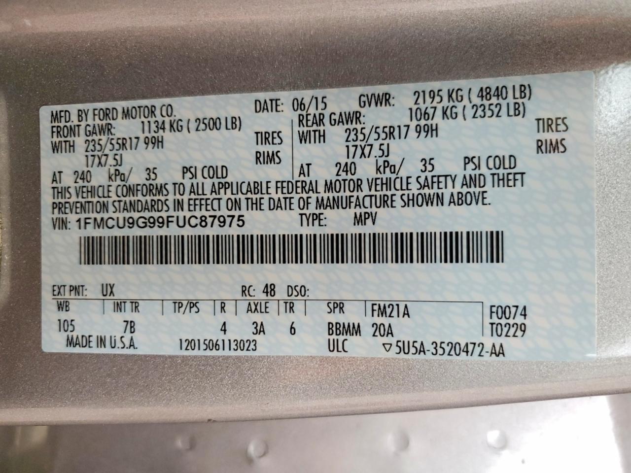 2015 Ford Escape Se Silver vin: 1FMCU9G99FUC87975