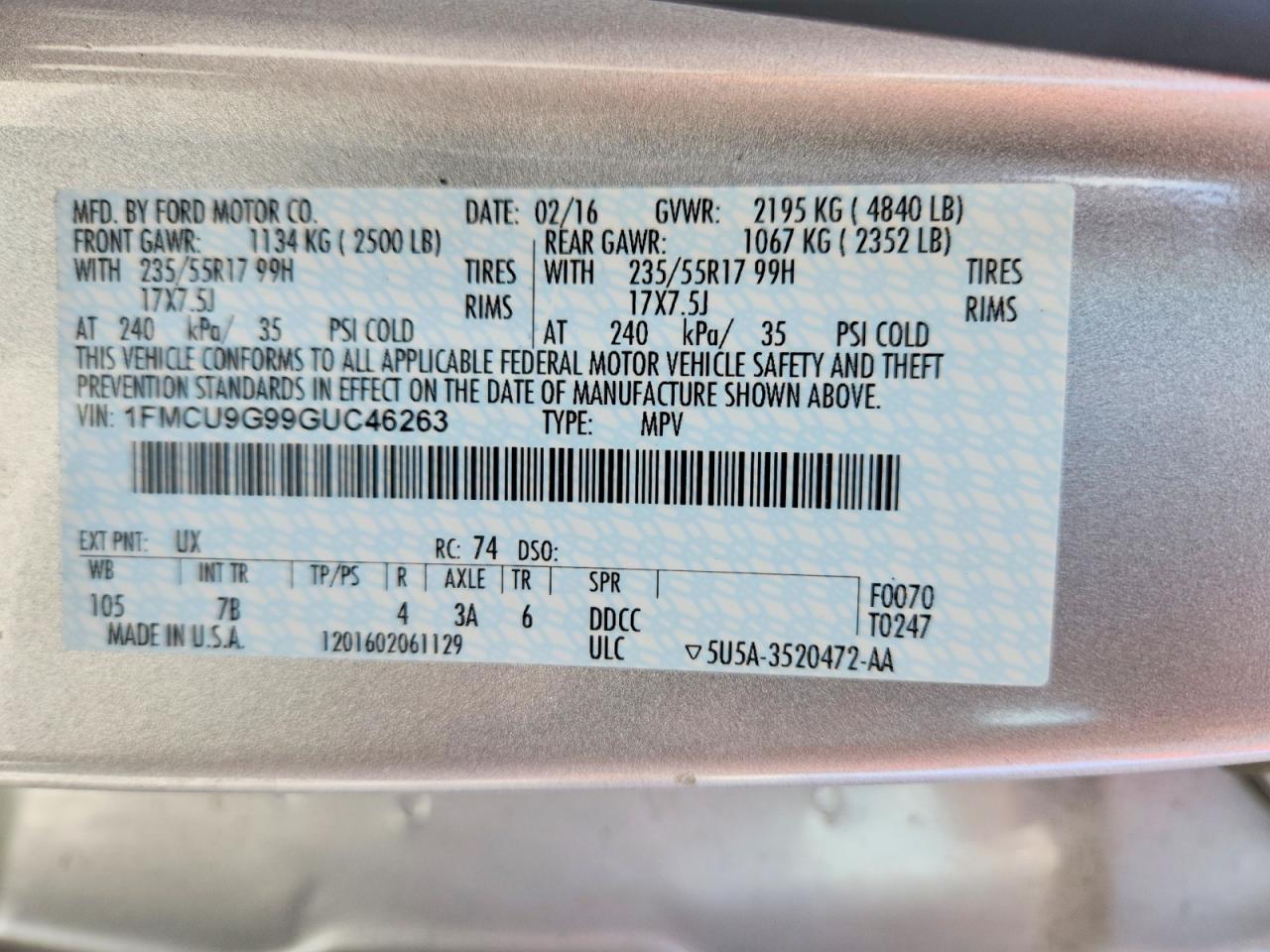 2016 Ford Escape Se Silver vin: 1FMCU9G99GUC46263
