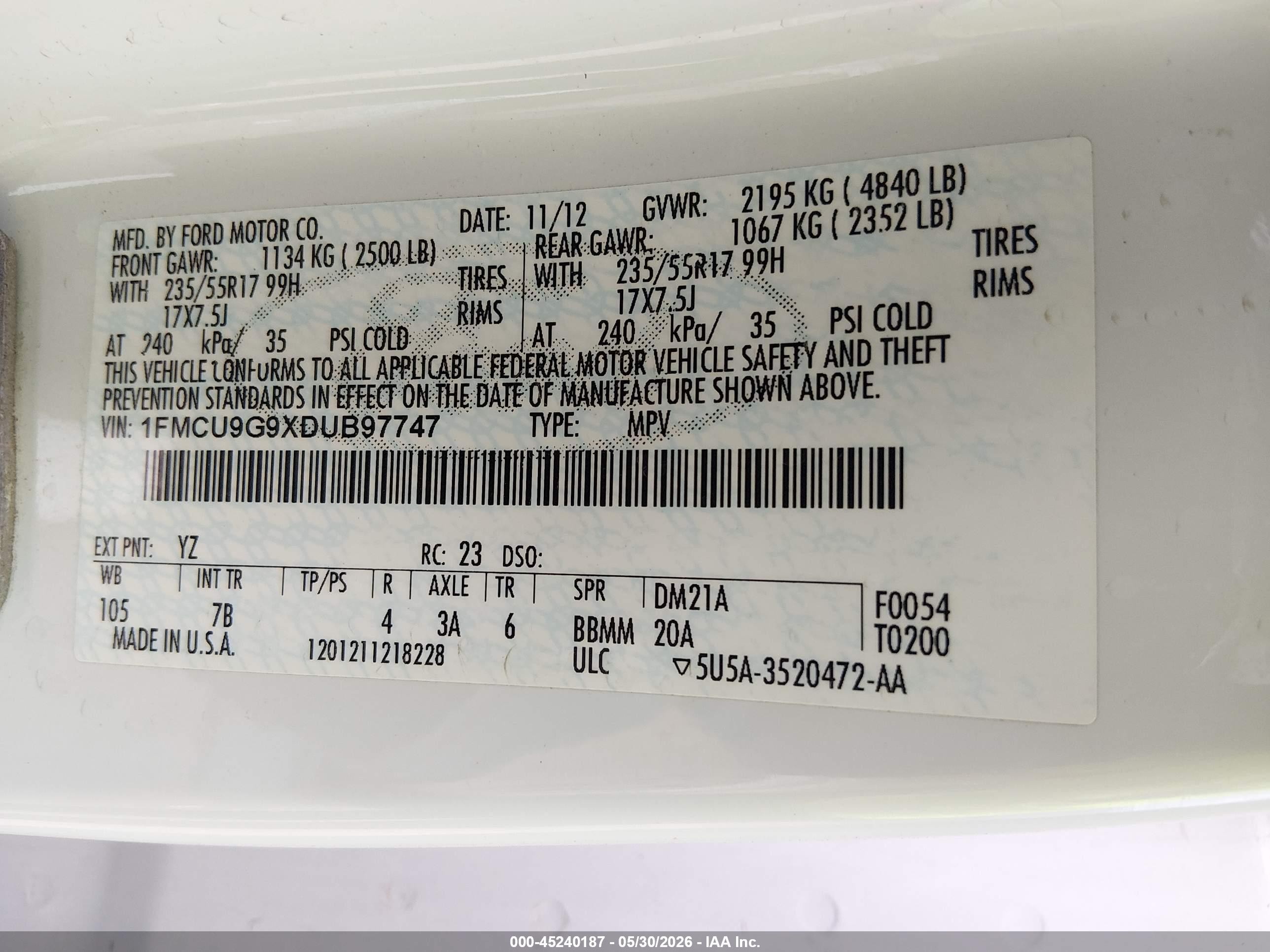 2013 Ford Escape Se White vin: 1FMCU9G9XDUB97747