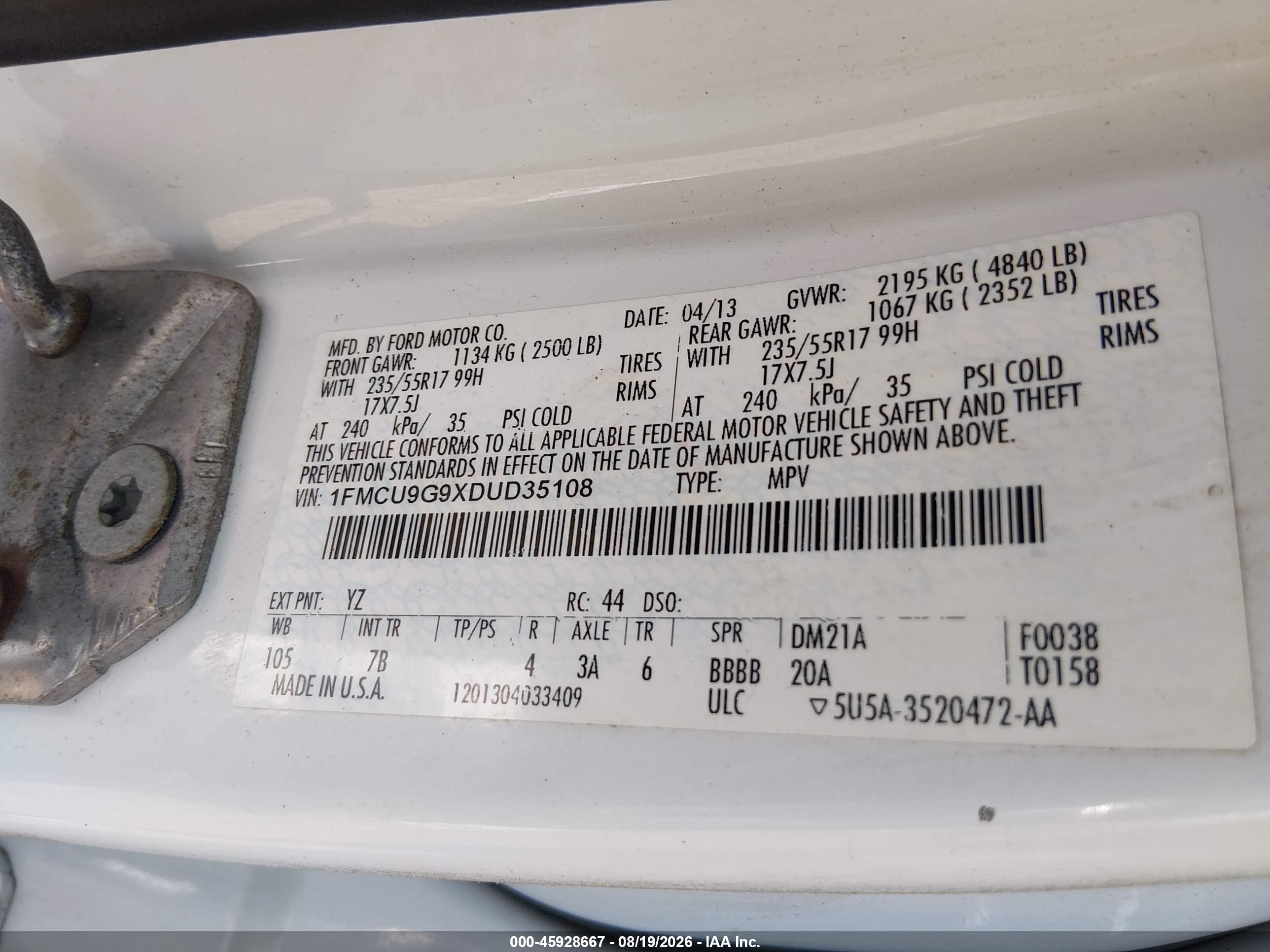 2013 Ford Escape Se White vin: 1FMCU9G9XDUD35108