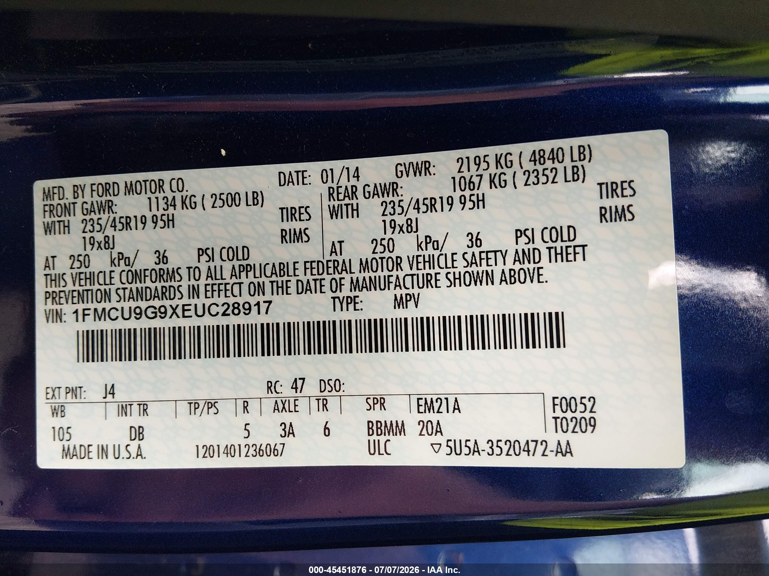 2014 Ford Escape Se Синий vin: 1FMCU9G9XEUC28917