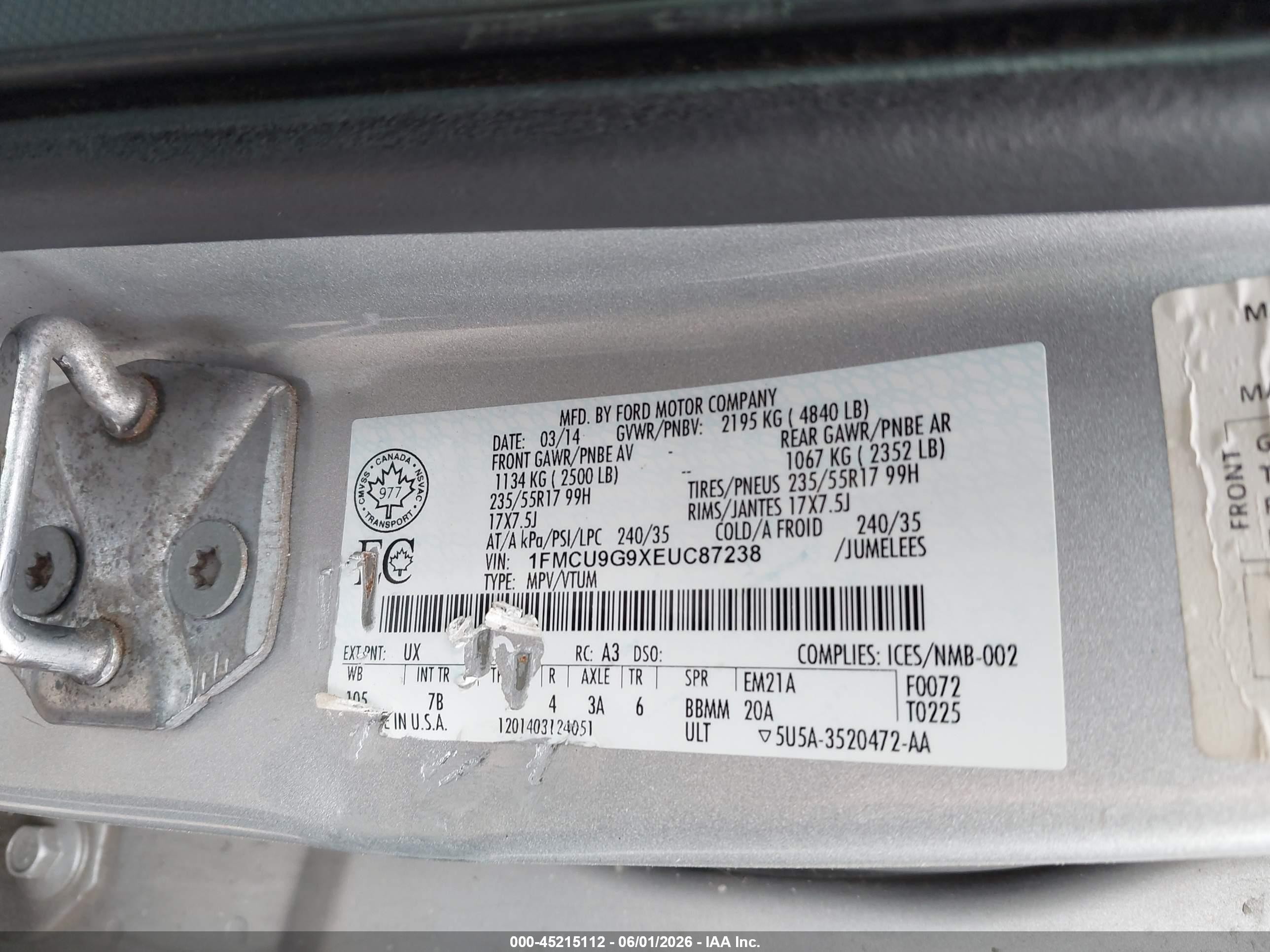 2014 Ford Escape Se Silver vin: 1FMCU9G9XEUC87238