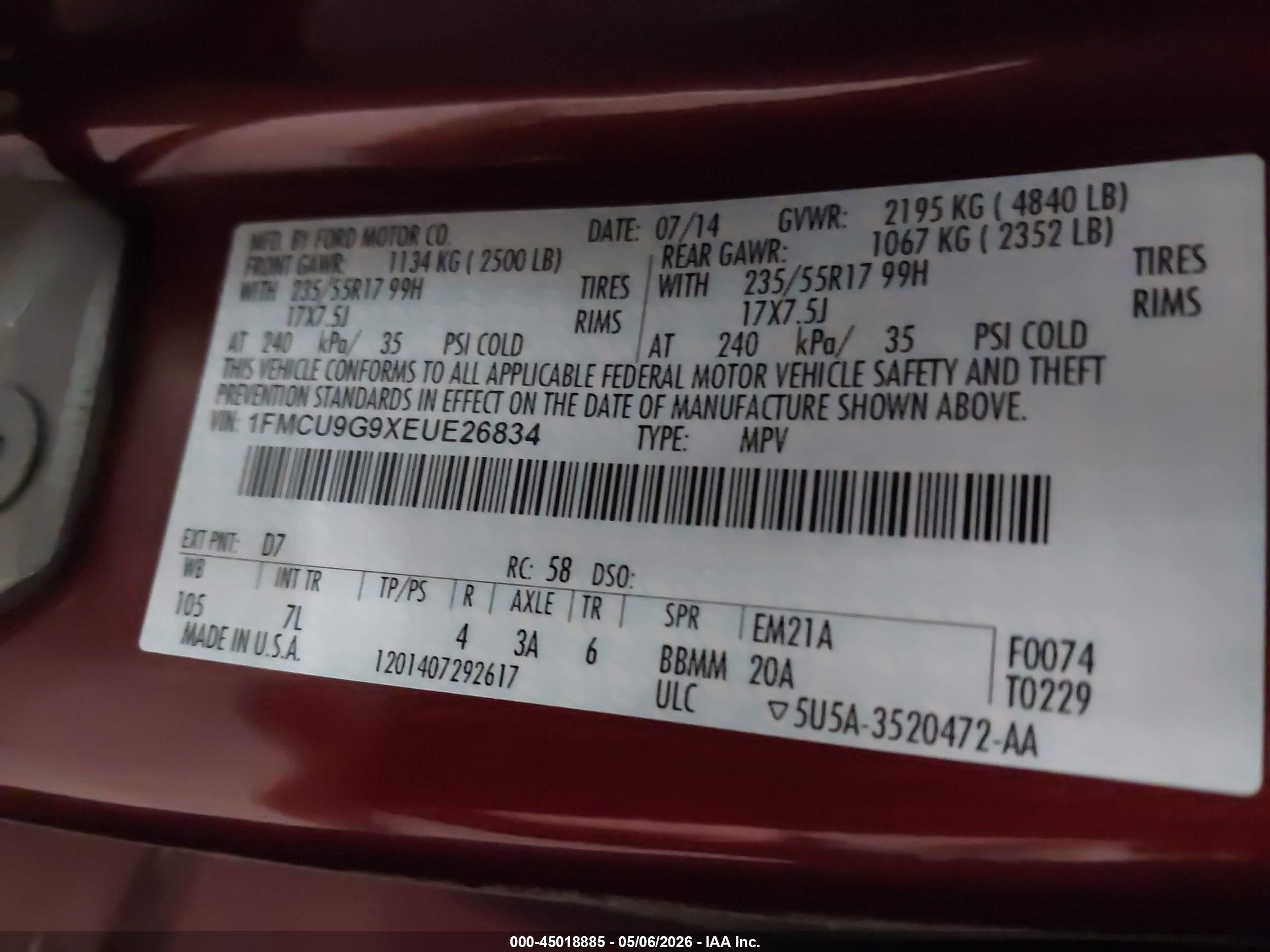 2014 Ford Escape Se Оранжевый vin: 1FMCU9G9XEUE26834