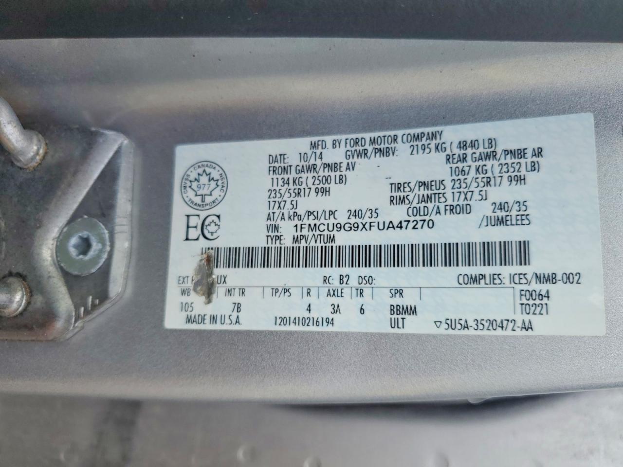 2015 Ford Escape Se Silver vin: 1FMCU9G9XFUA47270