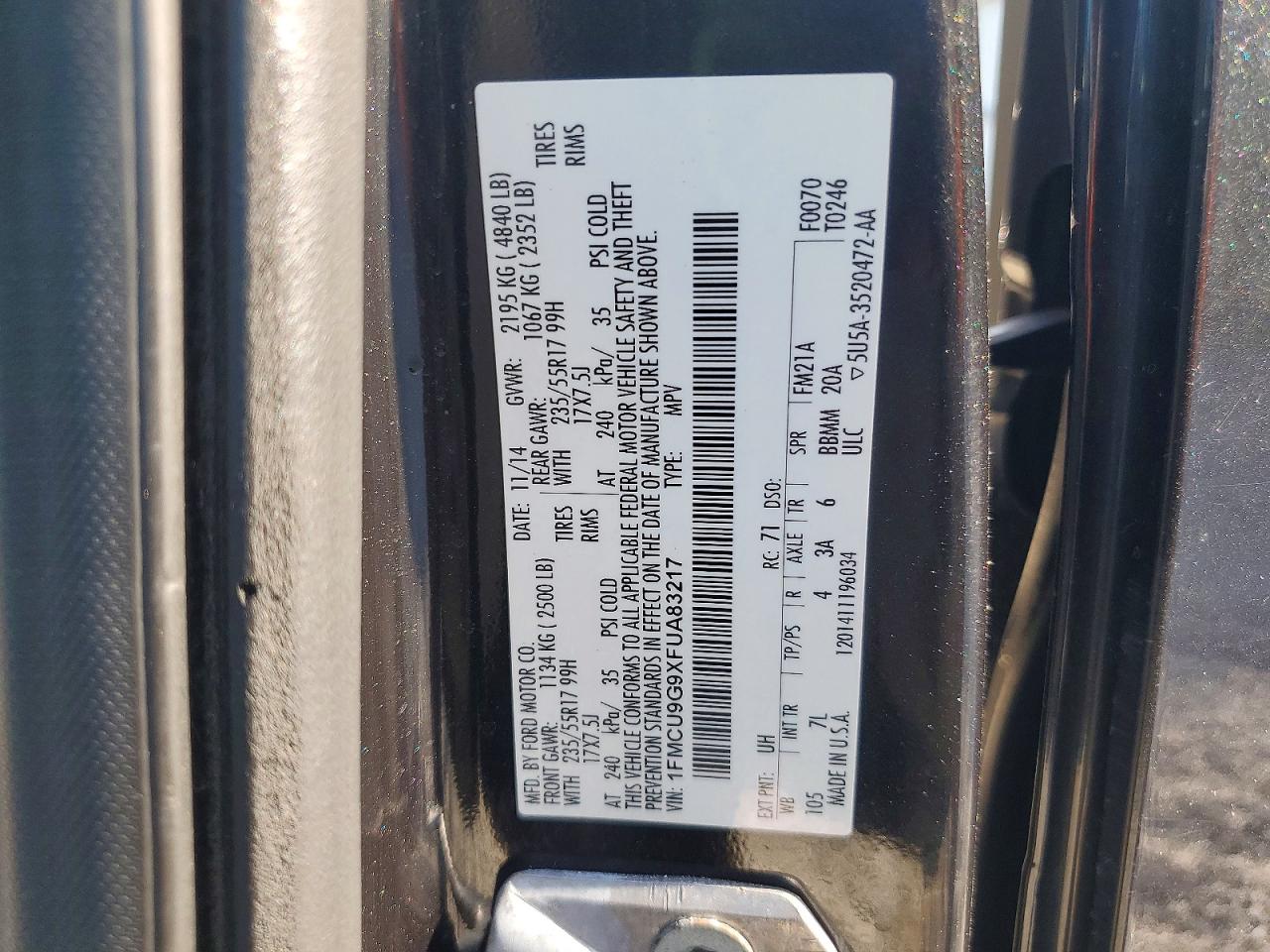 2015 Ford Escape Se Charcoal vin: 1FMCU9G9XFUA83217