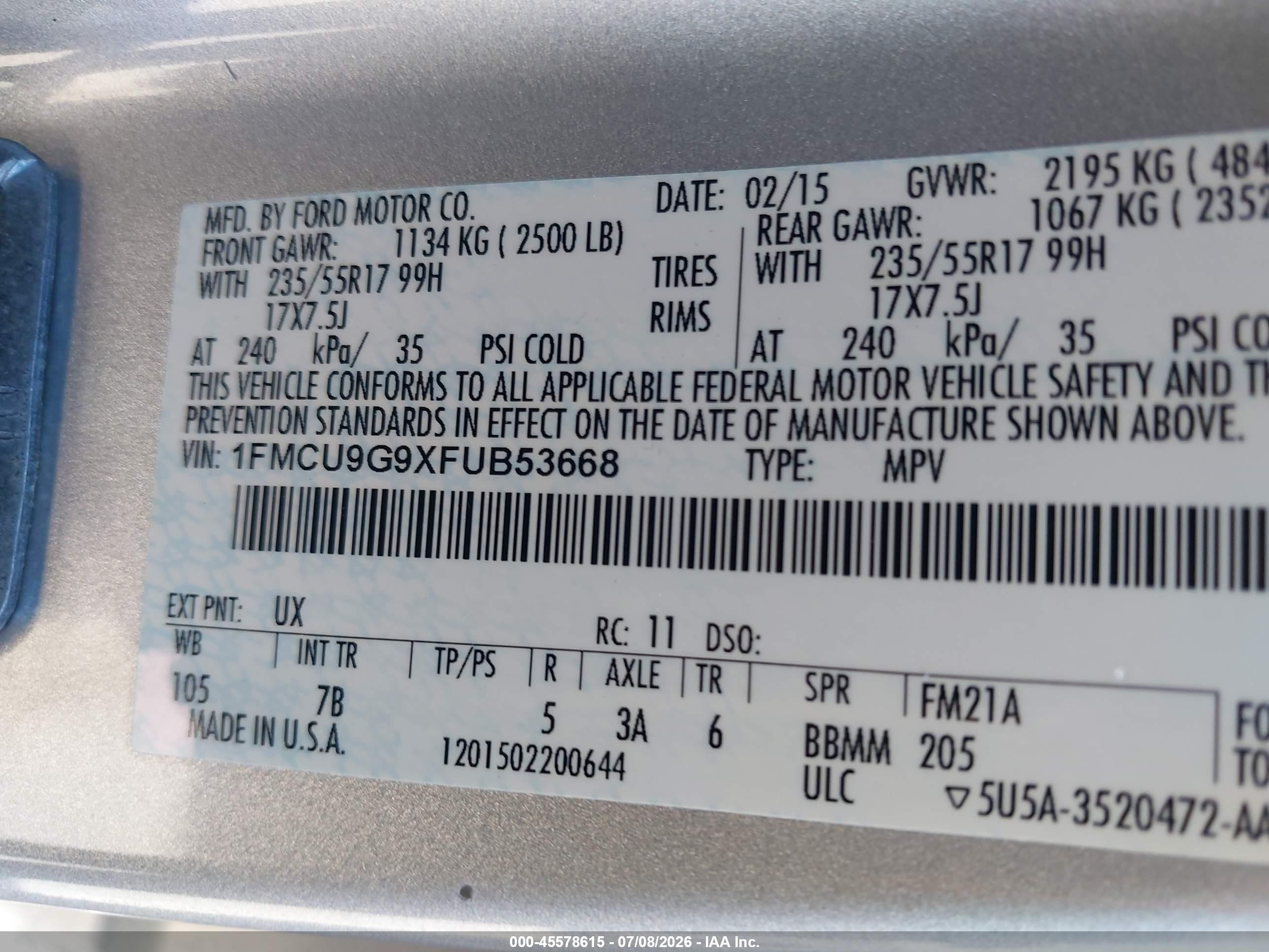 2015 Ford Escape Se Silver vin: 1FMCU9G9XFUB53668