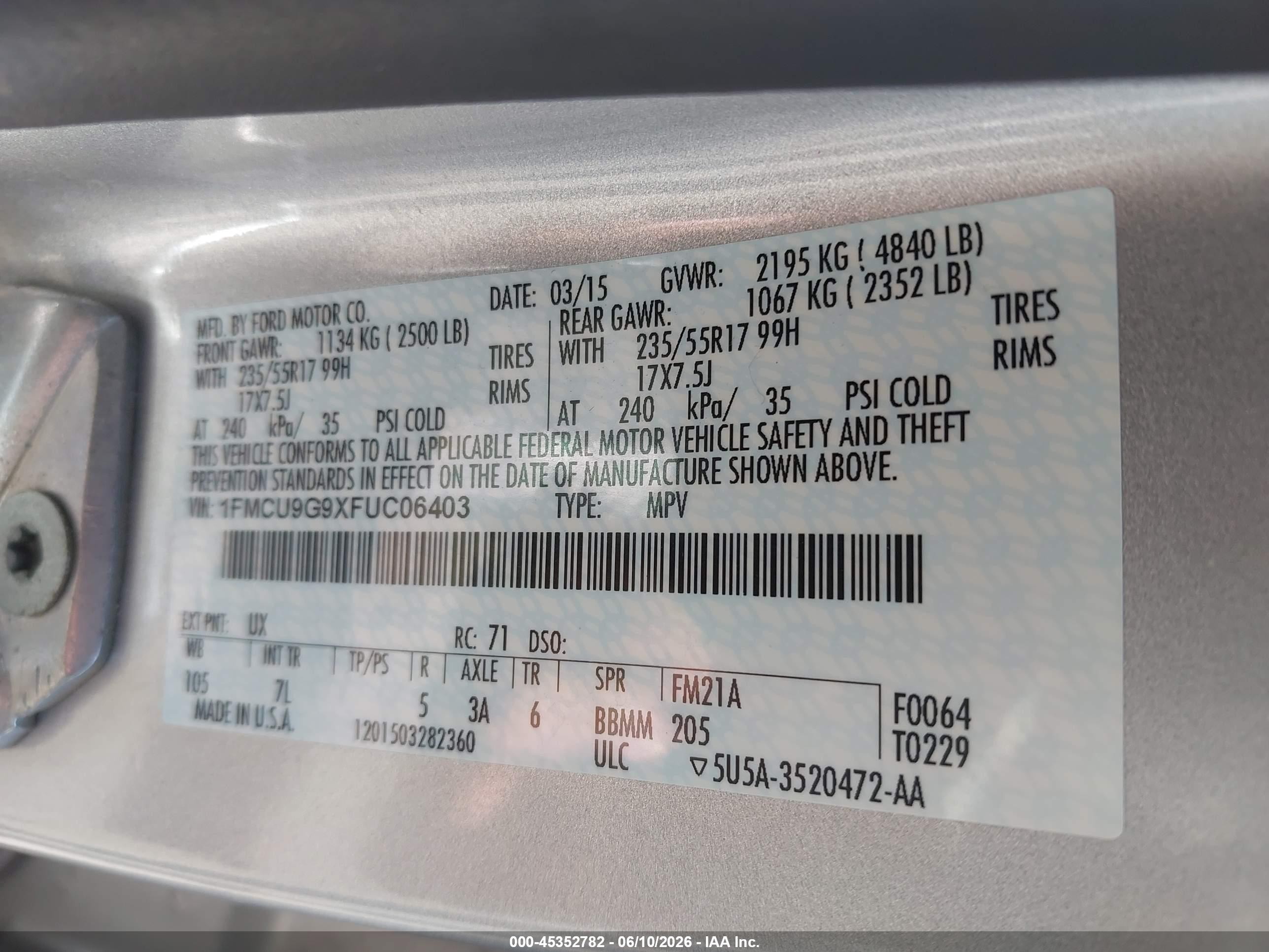 2015 Ford Escape Se Silver vin: 1FMCU9G9XFUC06403