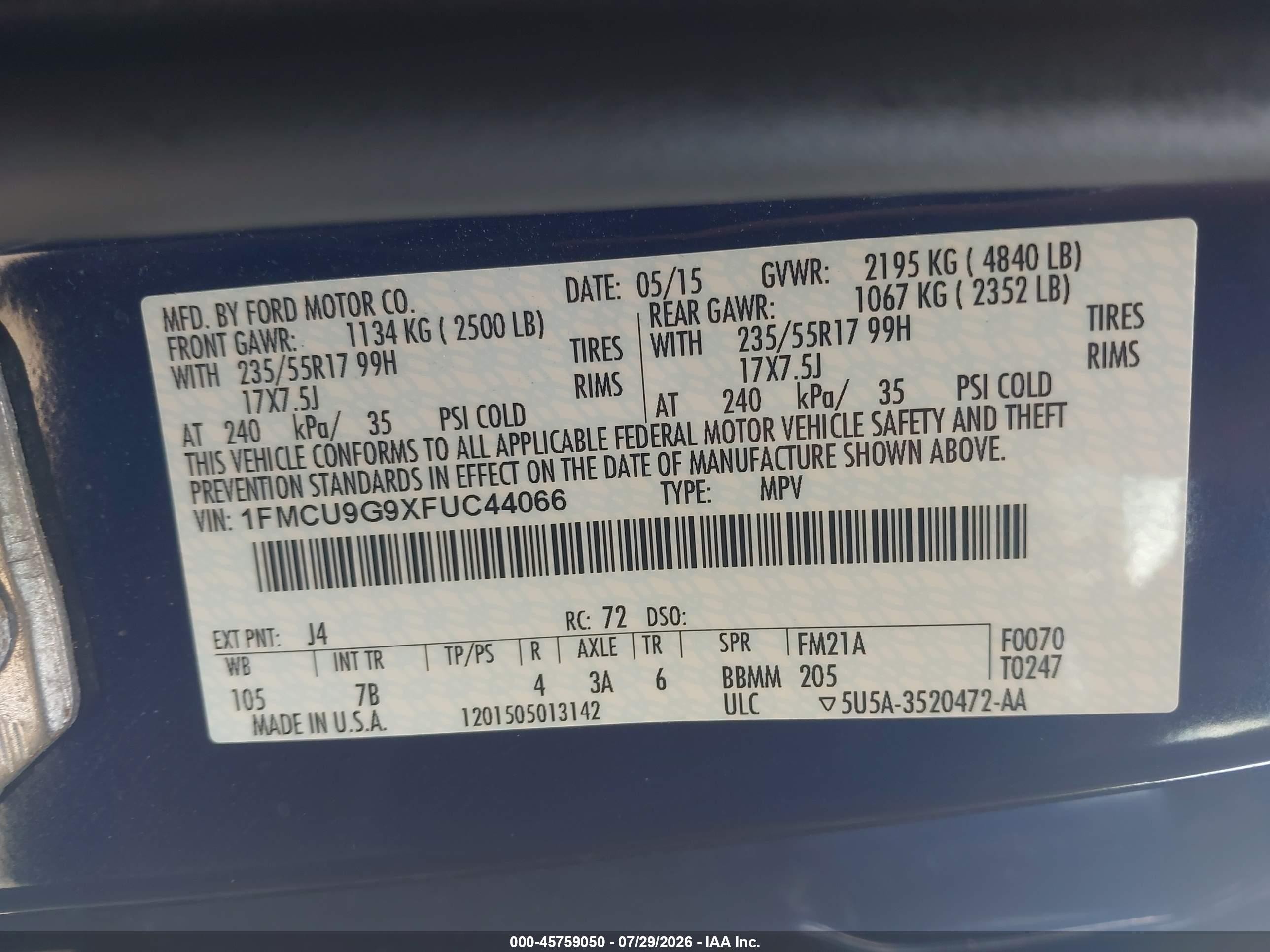 2015 Ford Escape Se Blue vin: 1FMCU9G9XFUC44066
