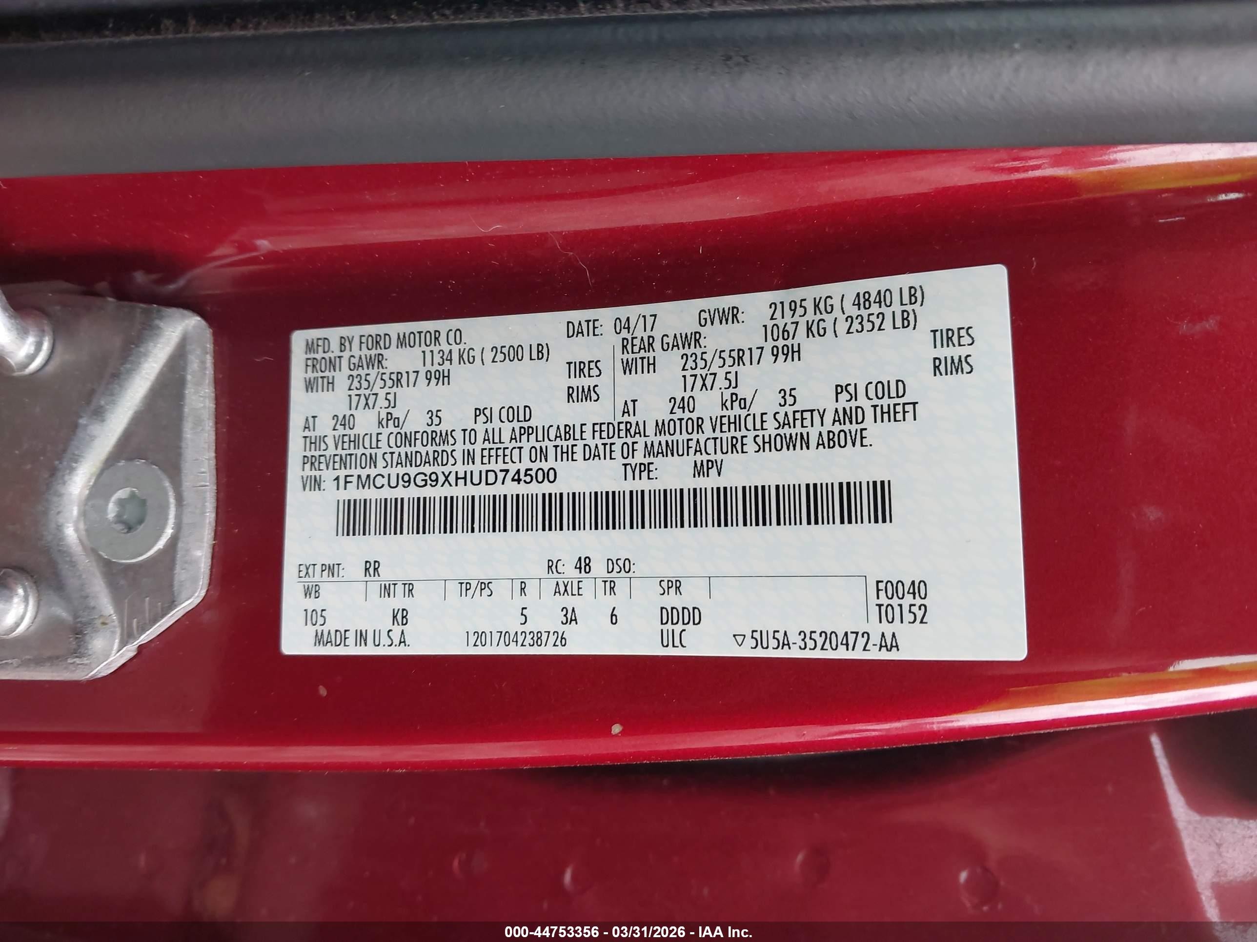 2017 Ford Escape Se Red vin: 1FMCU9G9XHUD74500