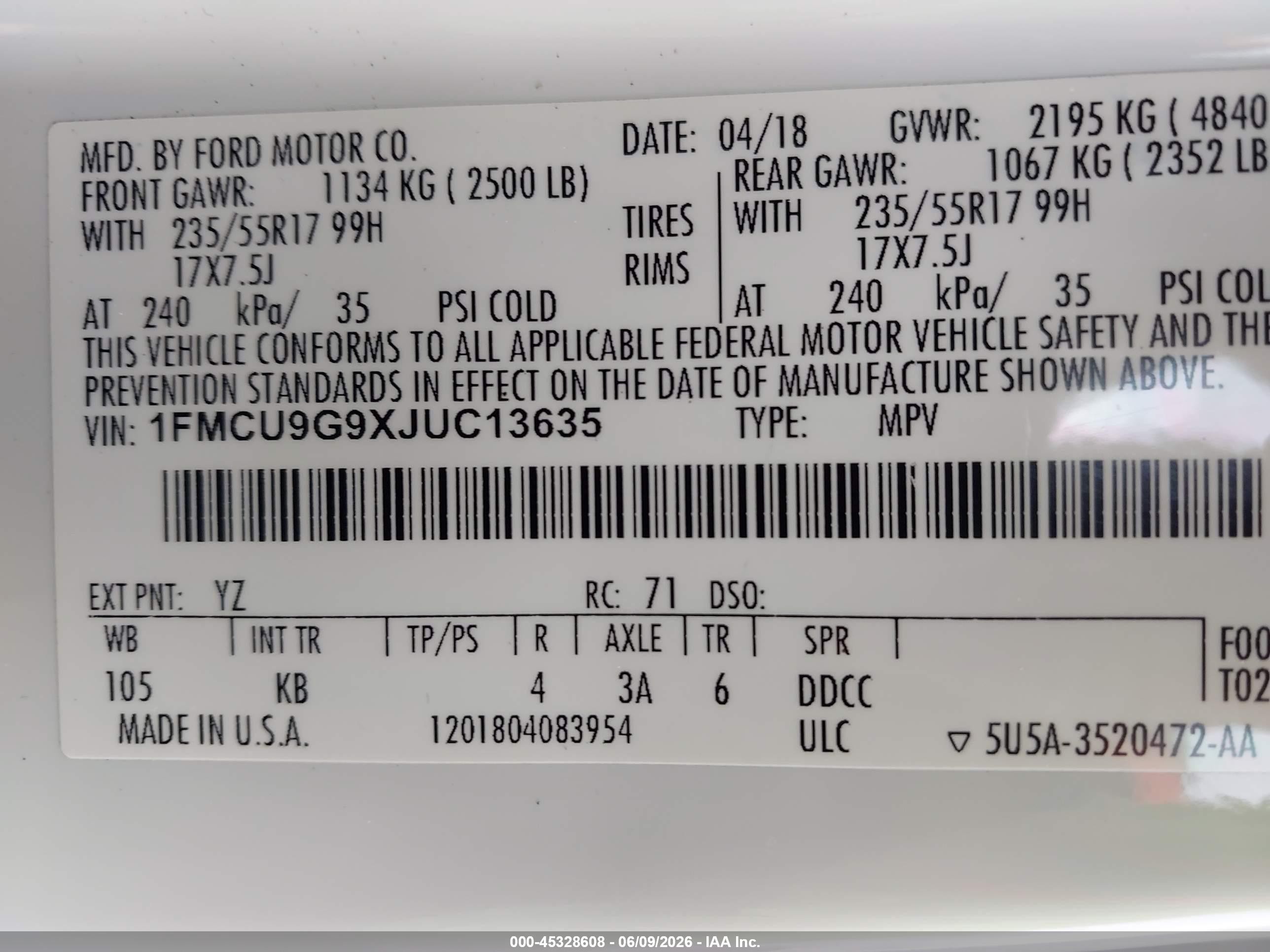 2018 Ford Escape Se Белый vin: 1FMCU9G9XJUC13635