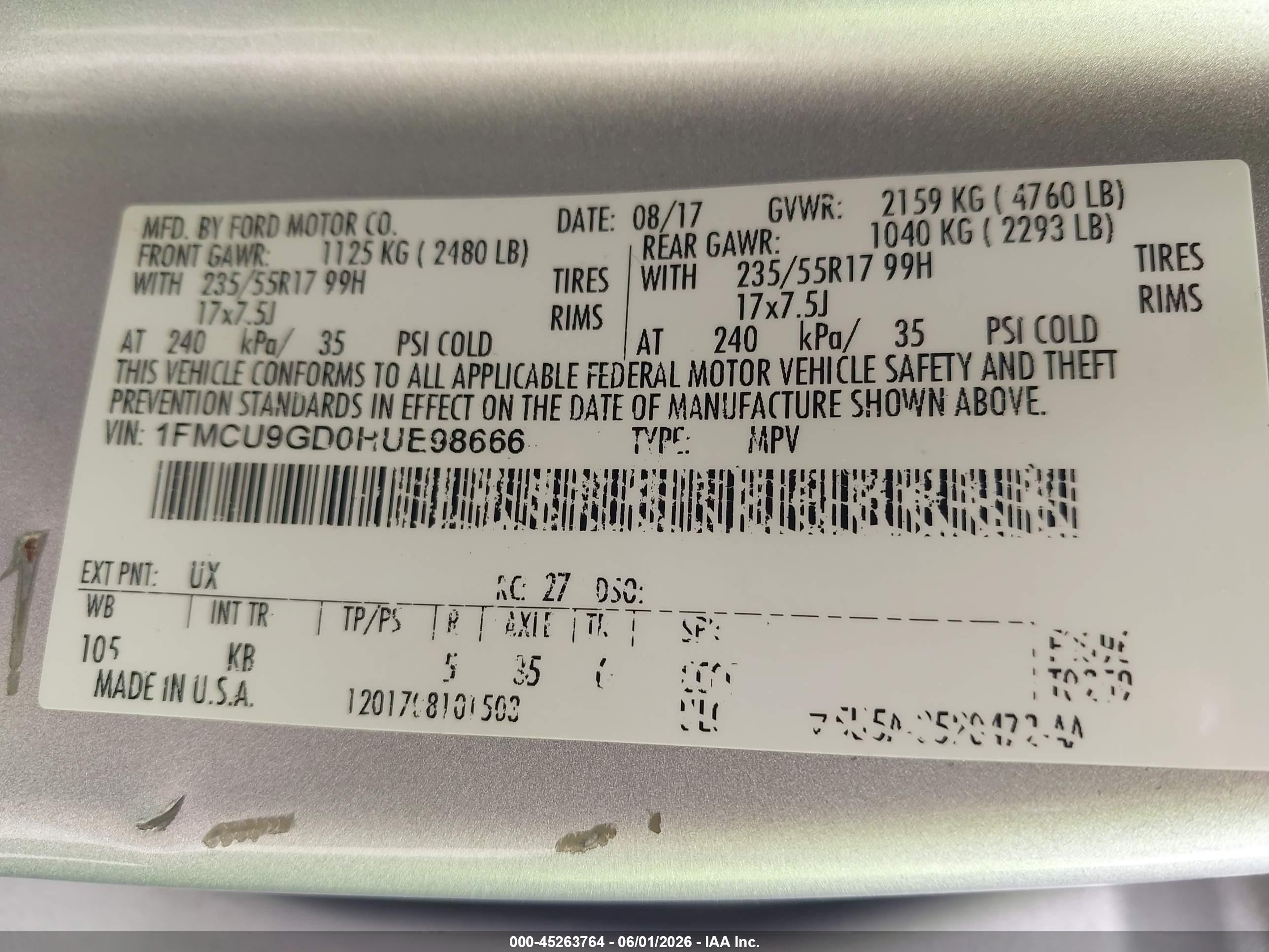 2017 Ford Escape Se Silver vin: 1FMCU9GD0HUE98666