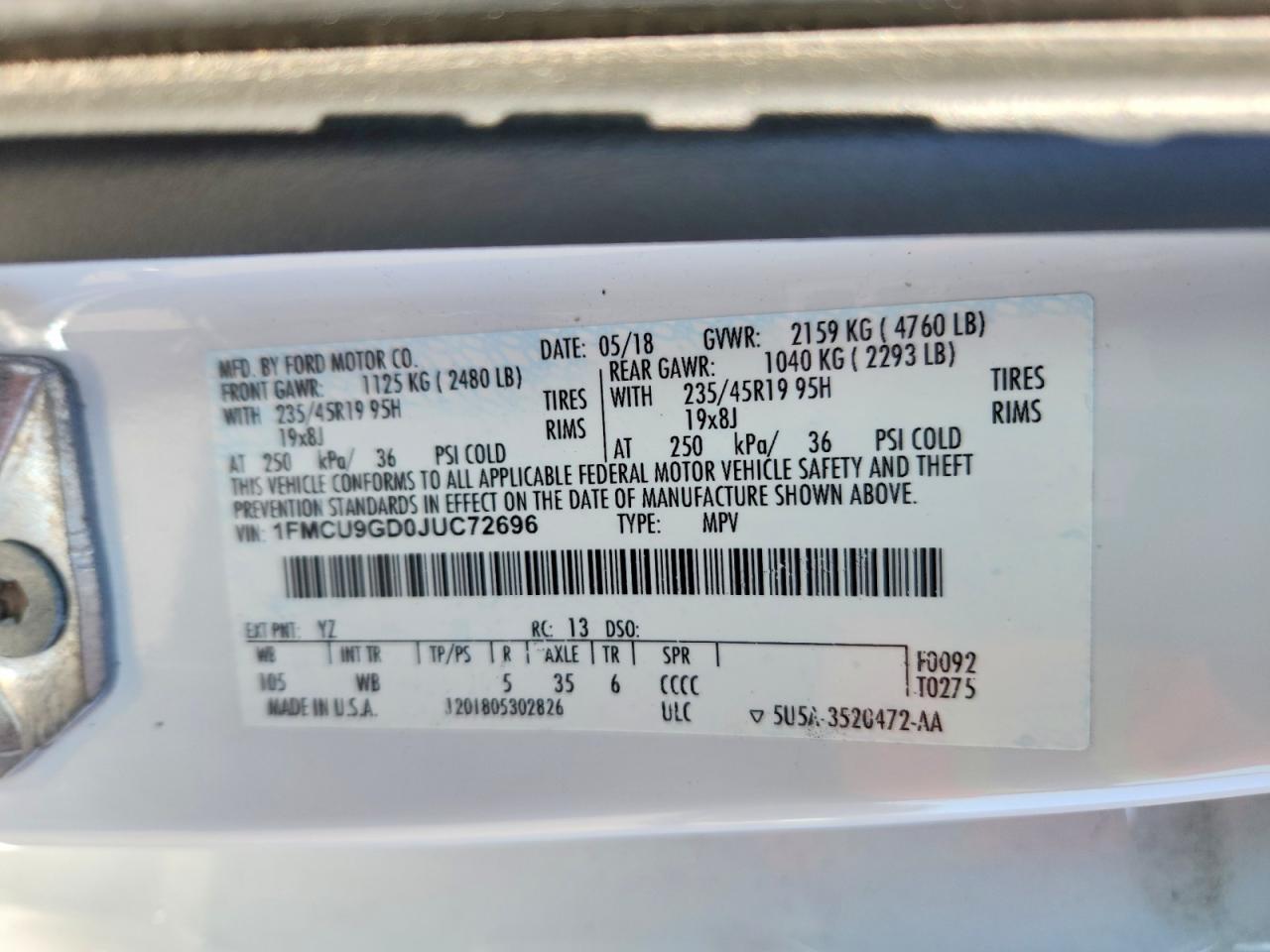 2018 Ford Escape Se White vin: 1FMCU9GD0JUC72696