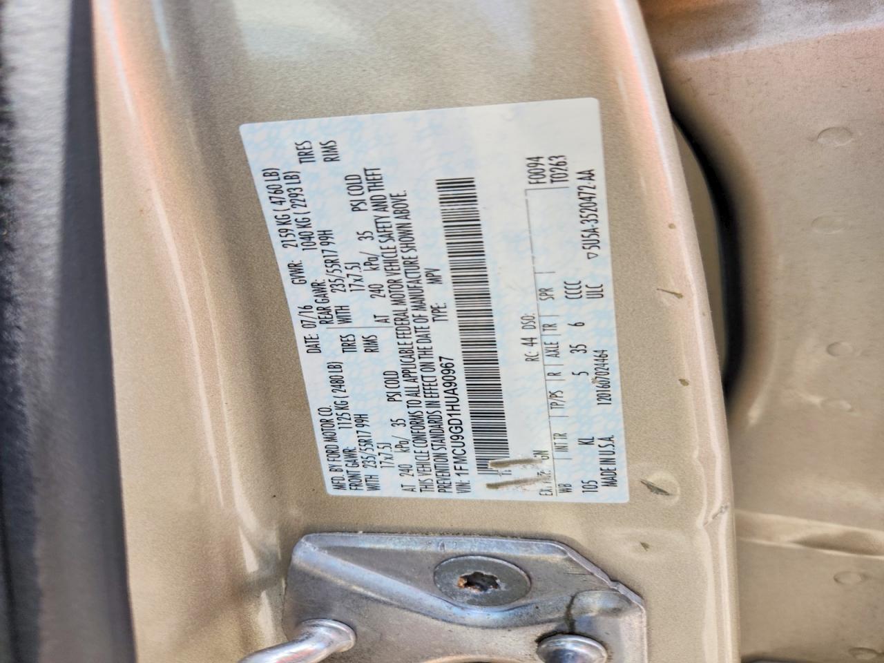 2017 Ford Escape Se Tan vin: 1FMCU9GD1HUA90967