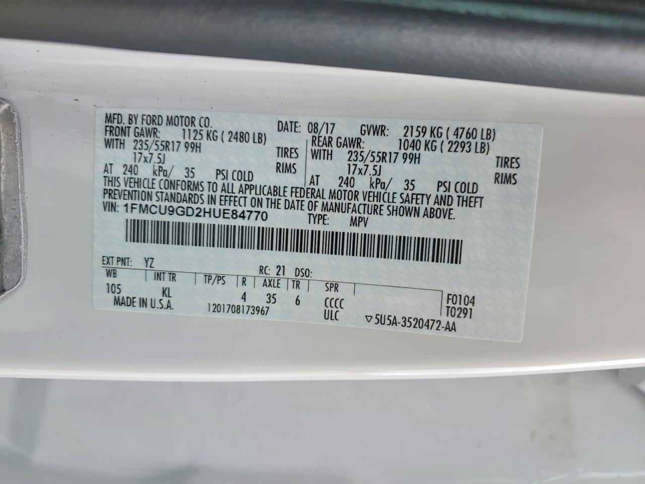 2017 Ford Escape Se White vin: 1FMCU9GD2HUE84770