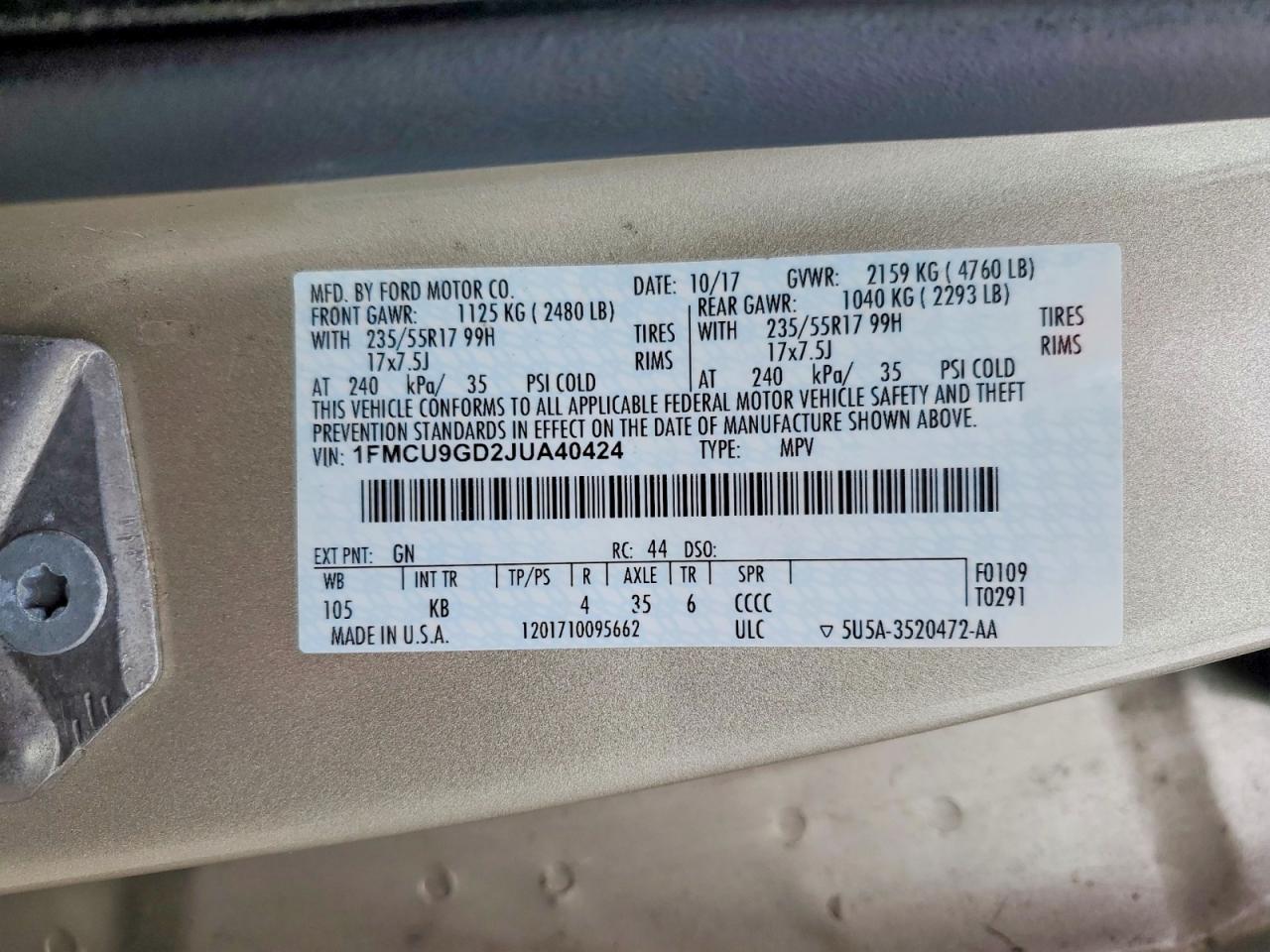 2018 Ford Escape Se Cream vin: 1FMCU9GD2JUA40424
