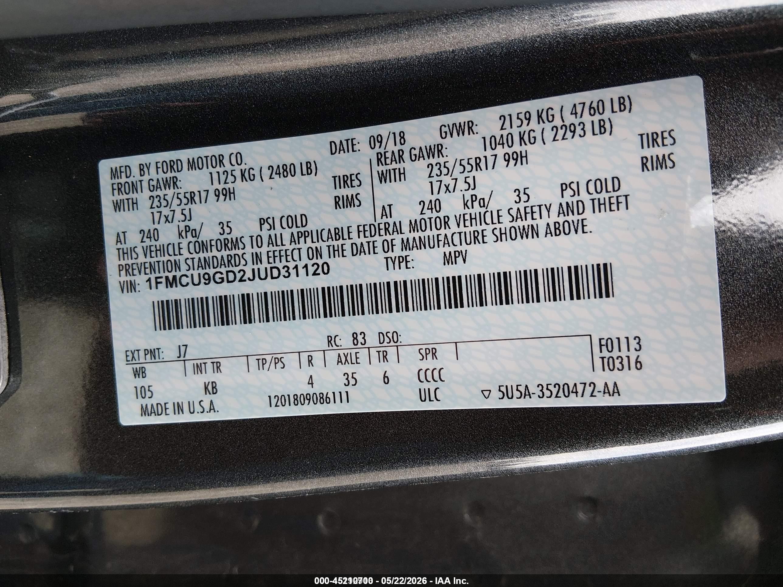 2018 Ford Escape Se Gray vin: 1FMCU9GD2JUD31120