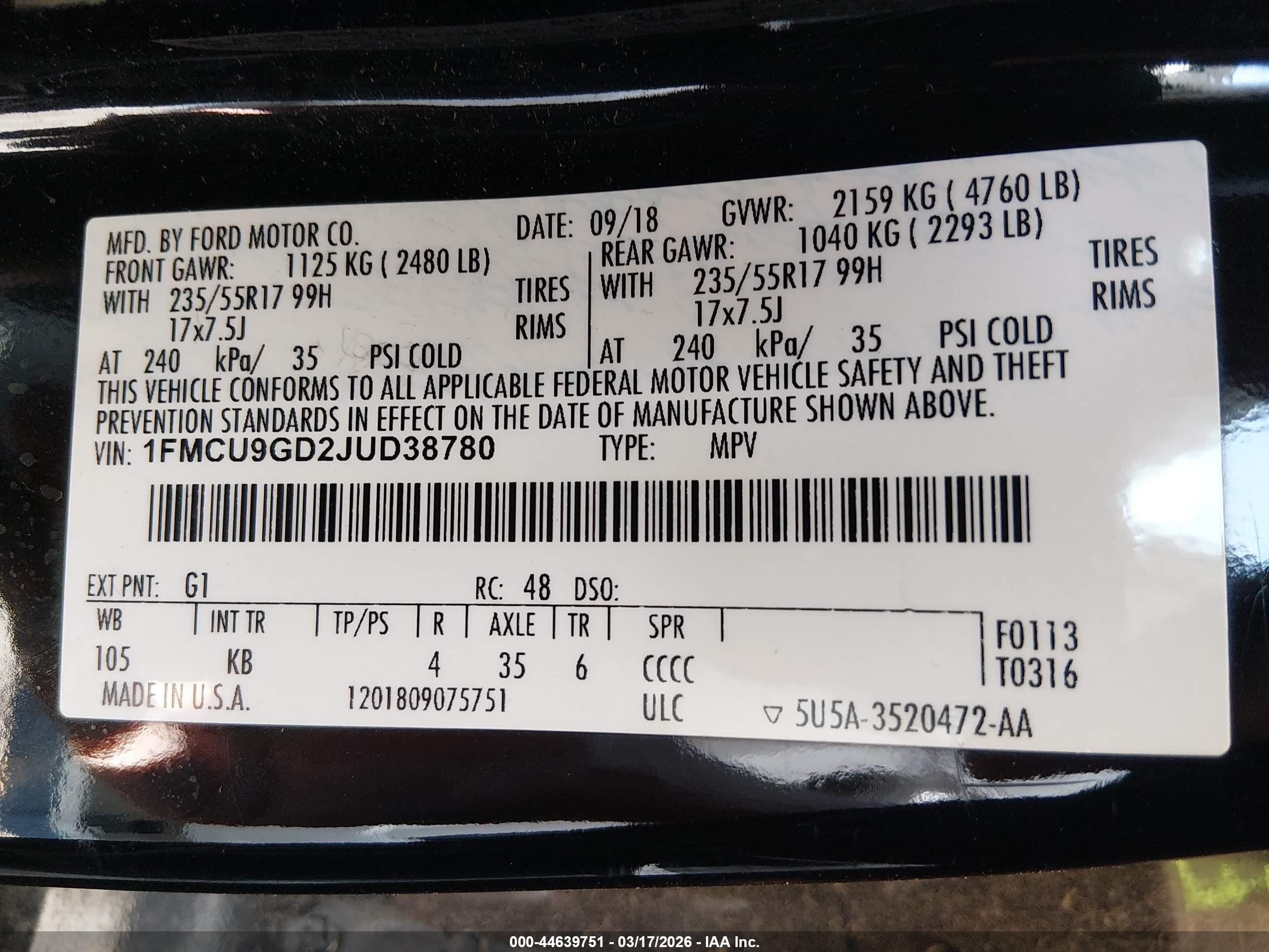 2018 Ford Escape Se Black vin: 1FMCU9GD2JUD38780