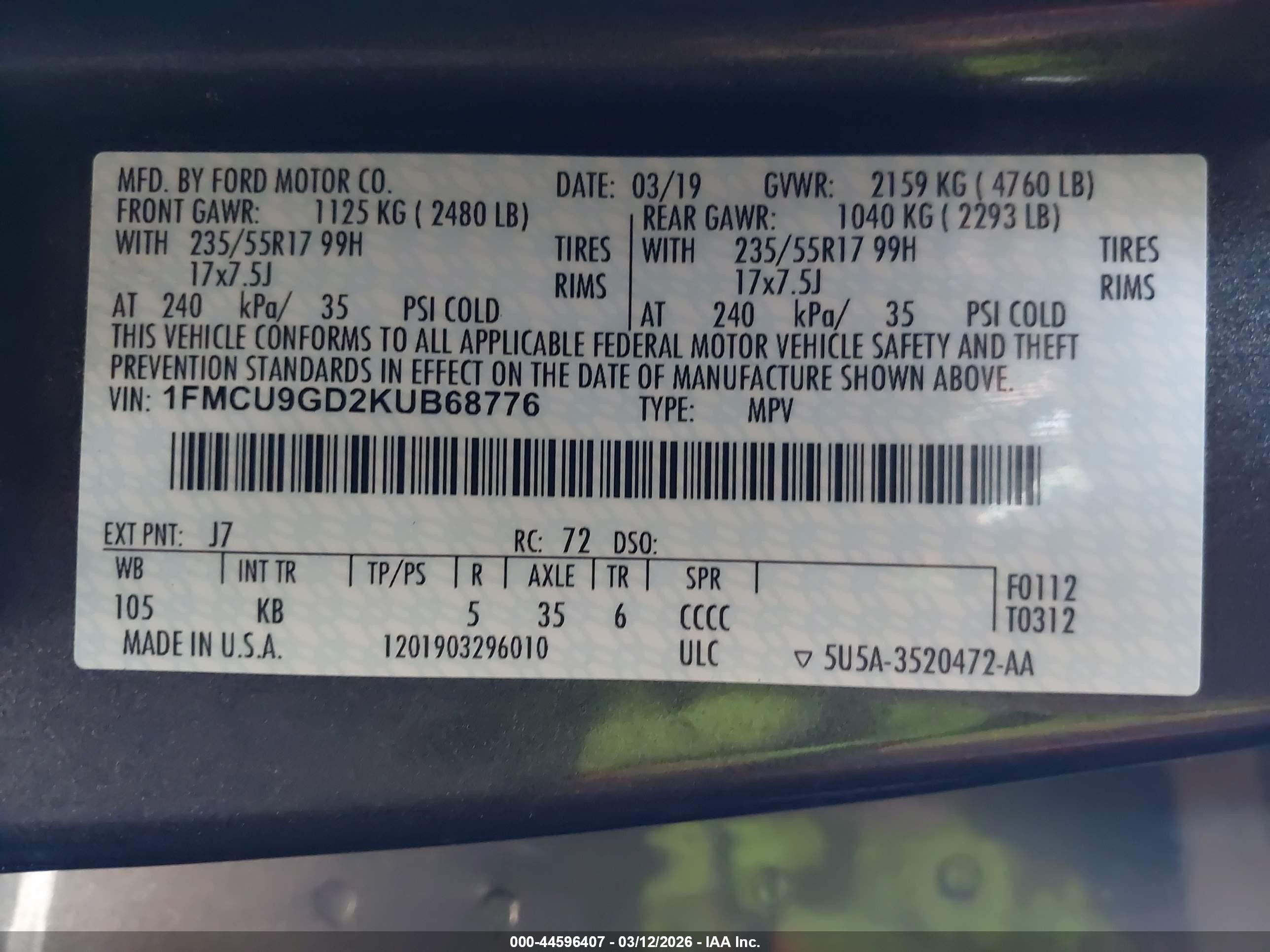 2019 Ford Escape Se Gray vin: 1FMCU9GD2KUB68776