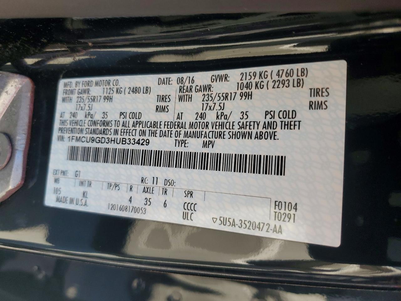 2017 Ford Escape Se Black vin: 1FMCU9GD3HUB33429