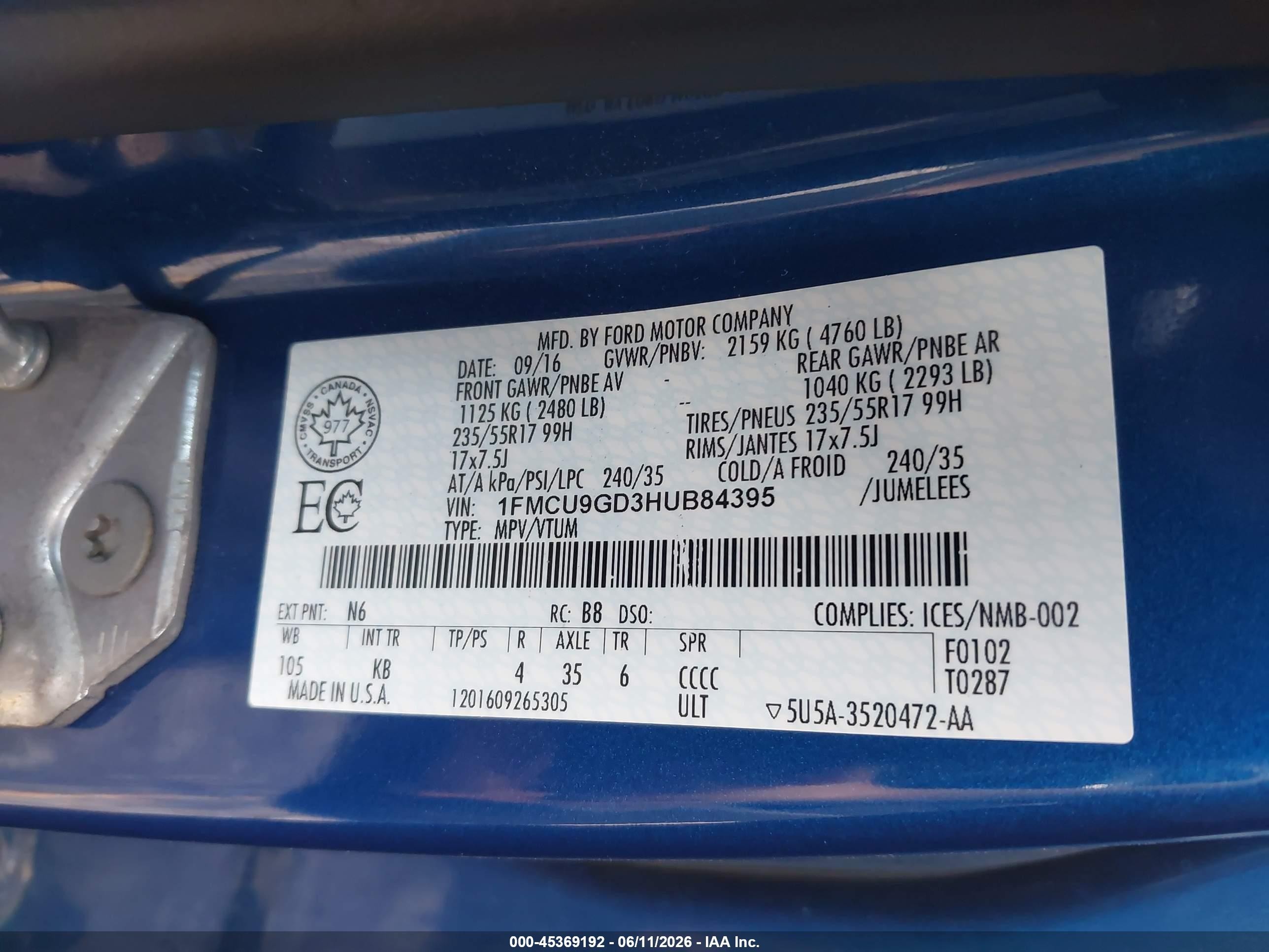 2017 Ford Escape Se Blue vin: 1FMCU9GD3HUB84395